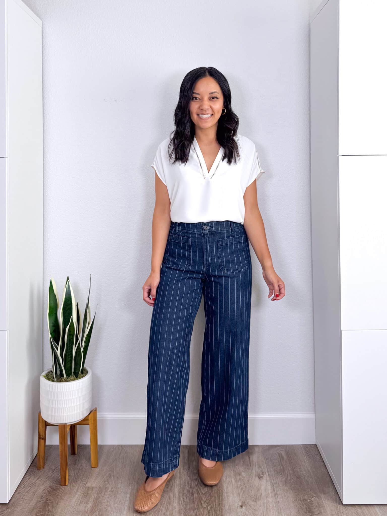 REVIEWS: Easy to Style Fall Try Ons for Casual Wear, Work, and Family Photos + fall try ons and reviews + putting me together + white lace trim top + white striped denim pants + tan perforated flats