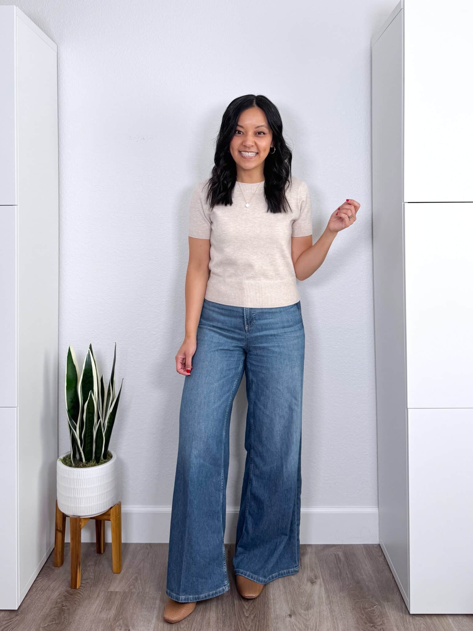 fall fashion trends 2026 + 8 Wearable Fall Fashion Trends to Try This Year + putting me together + soft tan short sleeve sweater + lightweight relaxed wide leg jeans + white and gold icon necklace + gold hoop earrings + tan flats