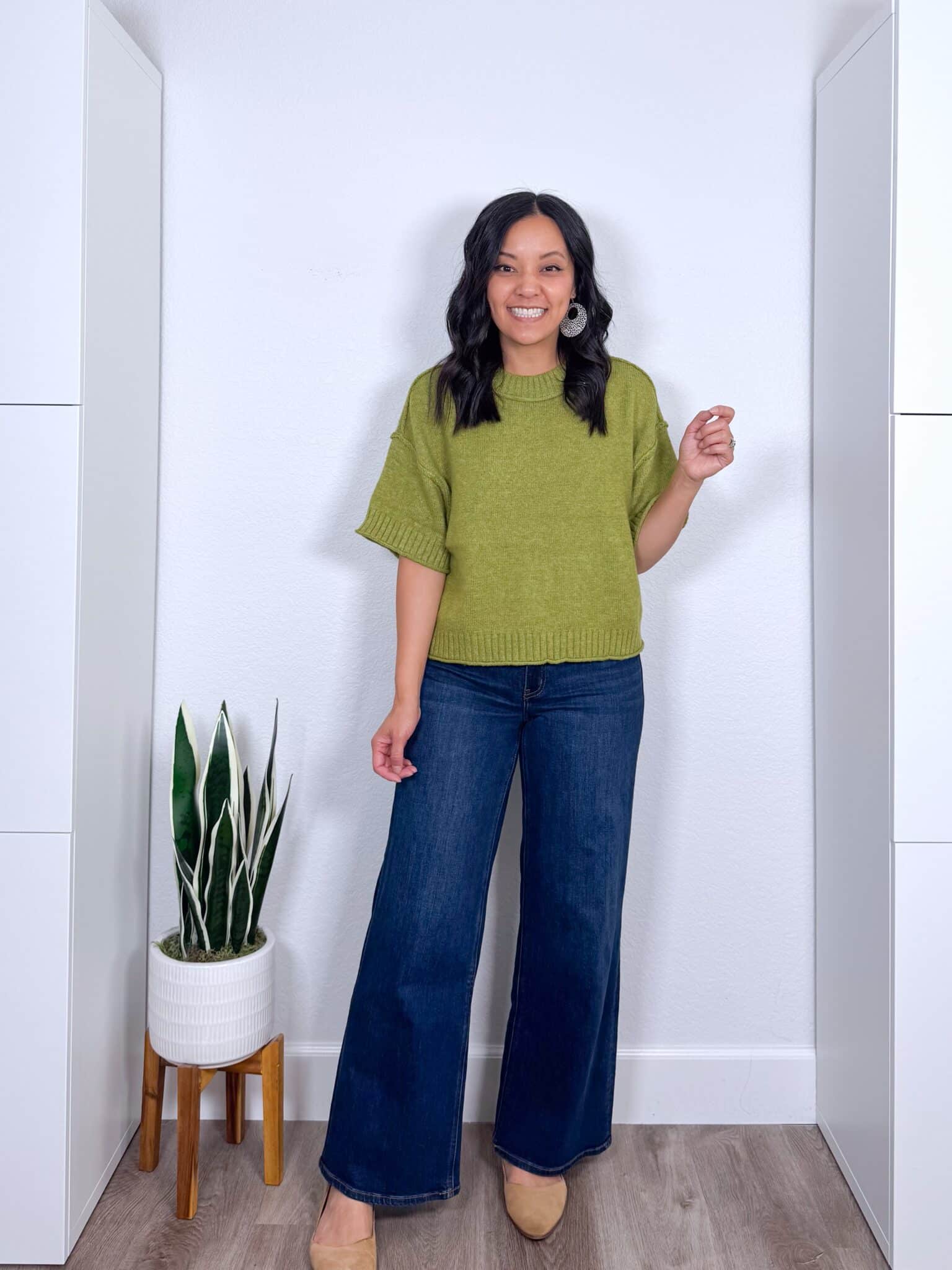 fall fashion trends 2026 + 8 Wearable Fall Fashion Trends to Try This Year + putting me together + chartreuse green short sleeve sweater + dark wash jeans + tan flats