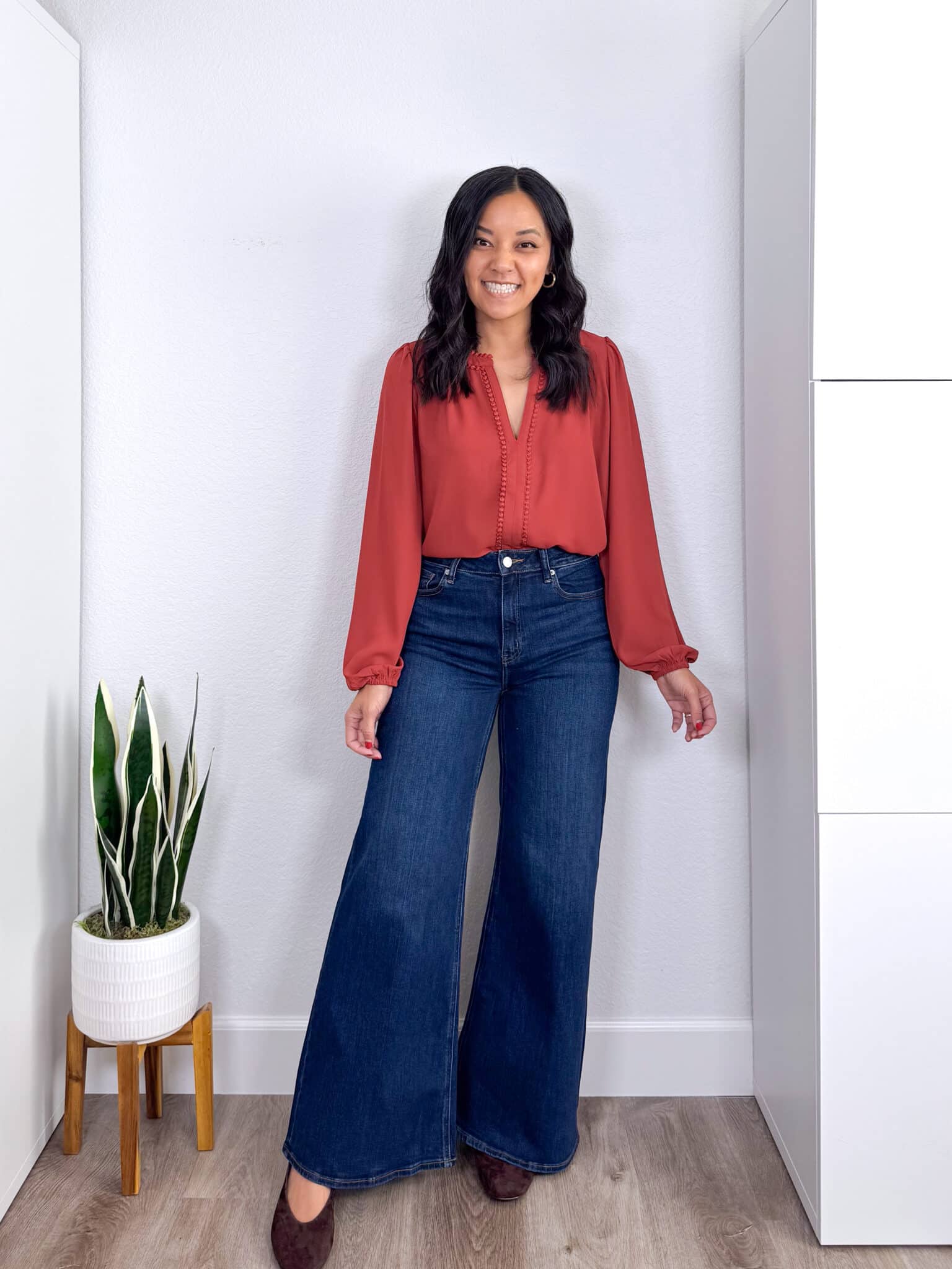 REVIEWS: Easy to Style Fall Try Ons for Casual Wear, Work, and Family Photos + fall try ons and reviews + putting me together + coral bobble trim blouse + dark wash palazzo wide leg jeans + dark brown flats