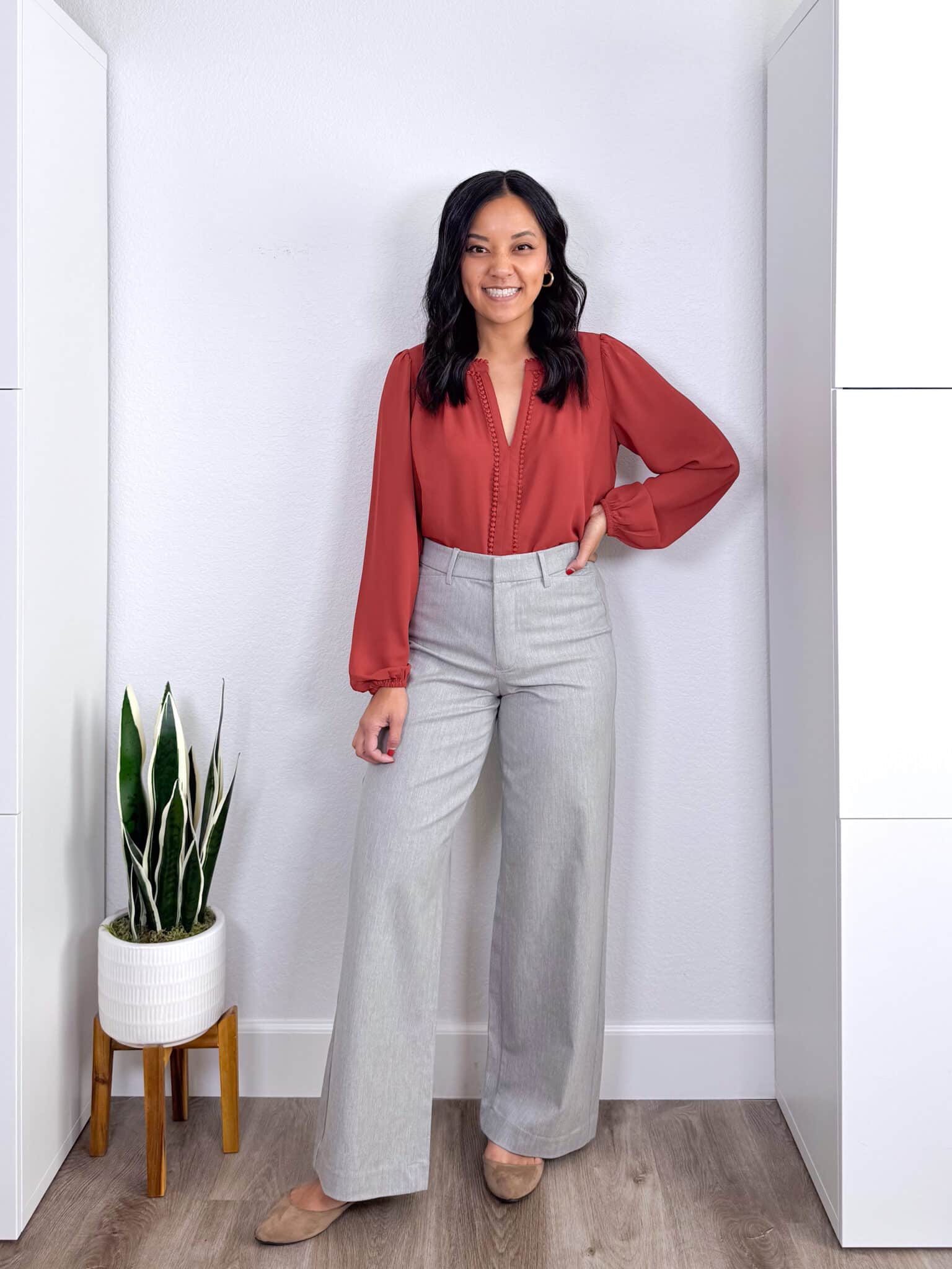 REVIEWS: Easy to Style Fall Try Ons for Casual Wear, Work, and Family Photos + fall try ons and reviews + putting me together + coral lace trim blouse + grey wide leg pants + suede tan flats