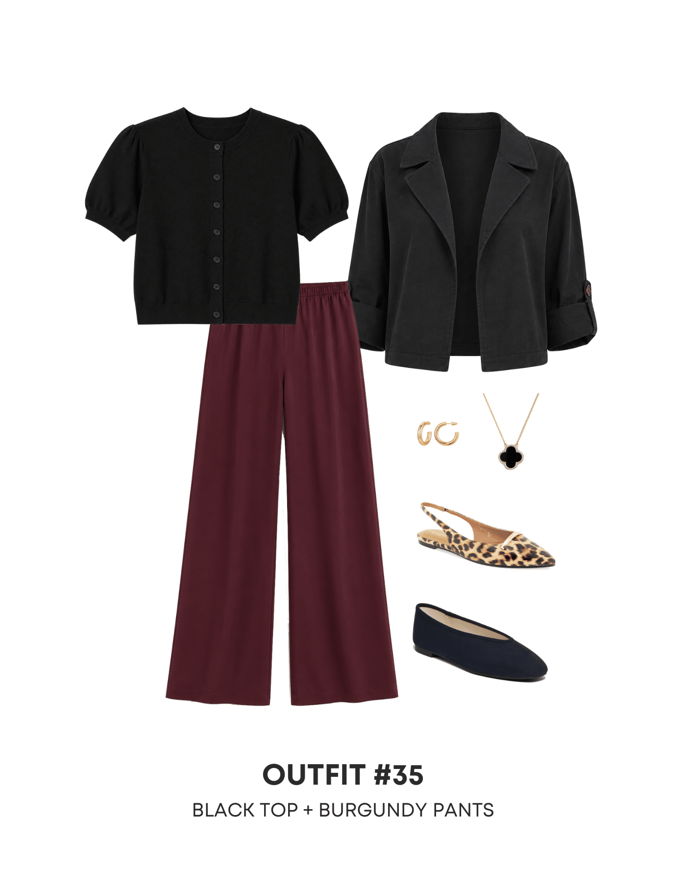 4 Casual Fall Outfits for 2026 to Copy Right Now From the NEW Fall Wardrobe & Outfit Guide! + putting me together + casual fall outfits 2026 + black short sleeve button up shirt + black jacket blazer + comfortable burgundy pants + leopard print flats + dark brown flats + black icon necklace + gold hoop earrings