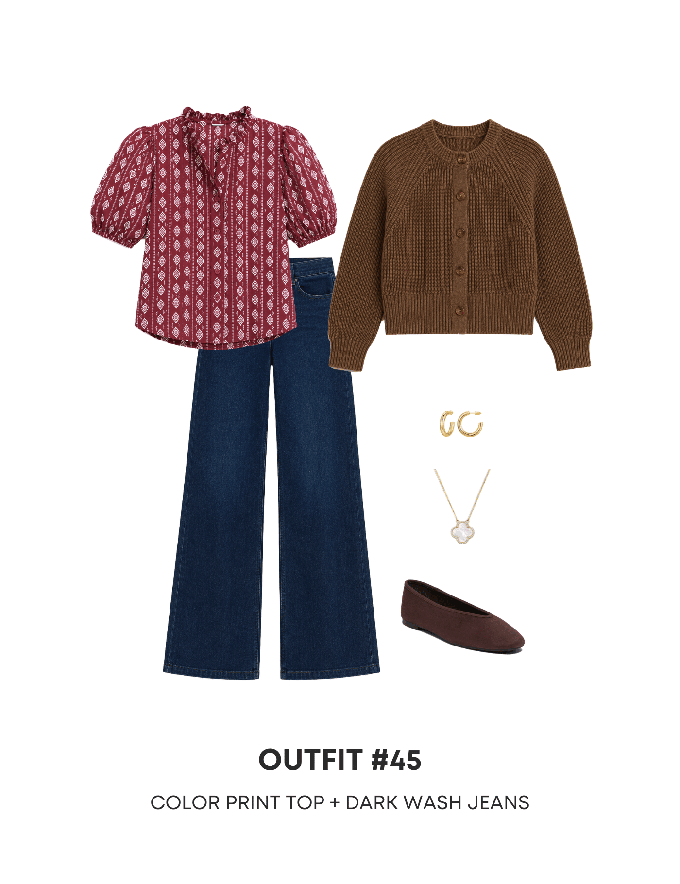 4 Casual Fall Outfits for 2026 to Copy Right Now From the NEW Fall Wardrobe & Outfit Guide! + putting me together + casual fall outfits 2026 + burgundy printed top + dark wash wide leg jeans + brown cardigan sweater + brown flats + white icon necklace + gold hoop earrings