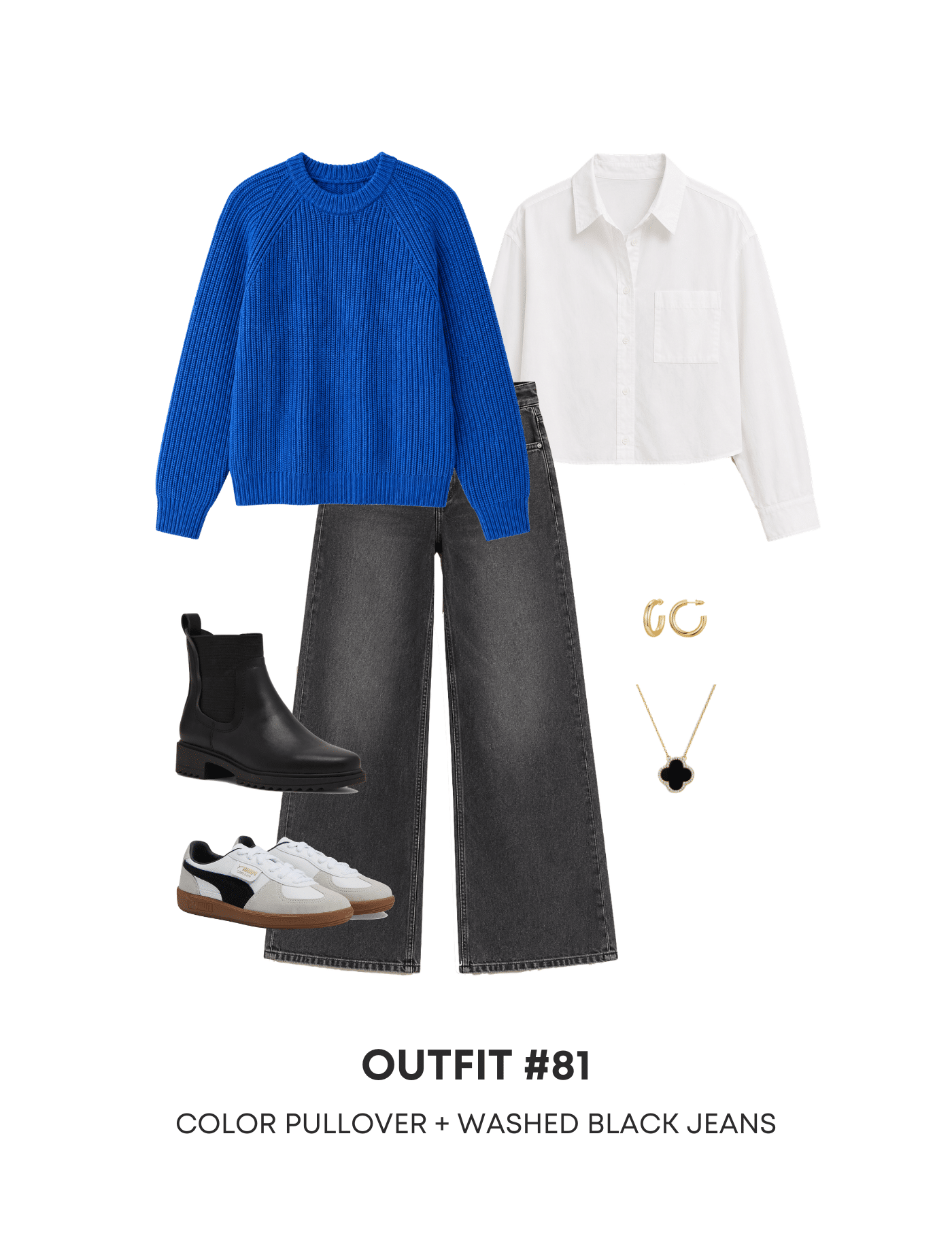 4 Casual Fall Outfits for 2026 to Copy Right Now From the NEW Fall Wardrobe & Outfit Guide! + putting me together + casual fall outfits 2026 + blue sweater + white button up shirt + washed black jeans + black water resistant lug sole boots + white and black lifestyle sneakers + gold earrings + black icon necklace