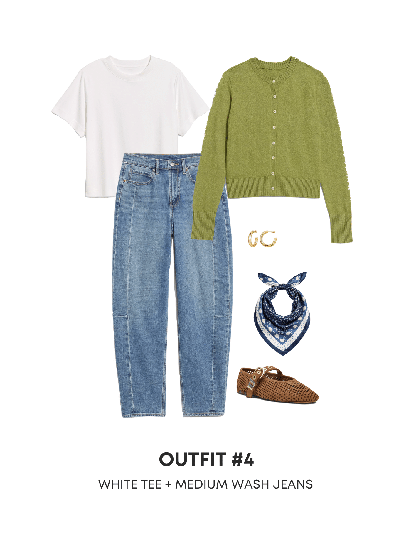 4 Casual Fall Outfits for 2026 to Copy Right Now From the NEW Fall Wardrobe & Outfit Guide! + putting me together + casual fall outfits 2026 + white tee + bright green cardigan sweater + medium wash barrel leg jeans + tan mary jane flats + navy silk scarf