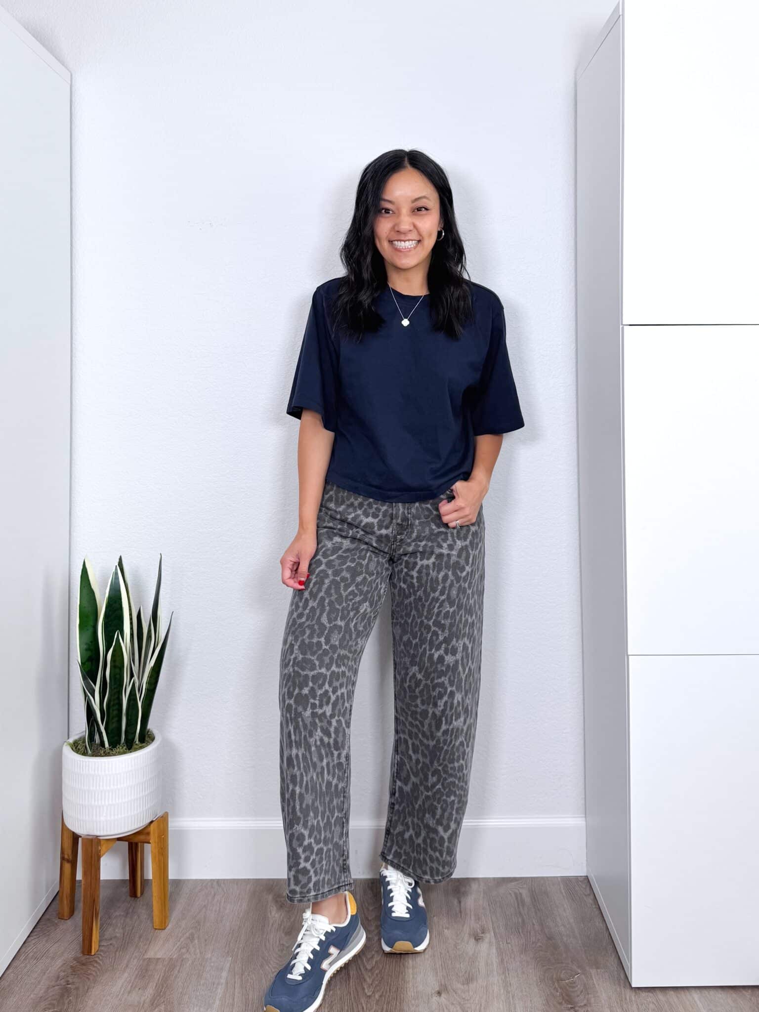 fall fashion trends 2026 + 8 Wearable Fall Fashion Trends to Try This Year + putting me together + navy tee + gray leopard print barrel leg jeans + navy sneakers