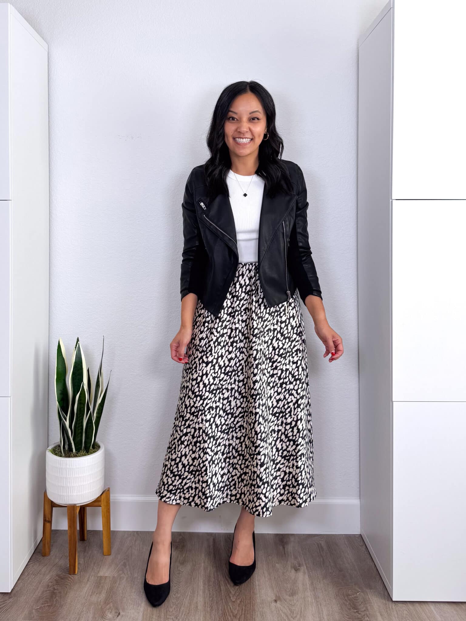 dress up a t-shirt + How to Dress Up a T-Shirt: Easy Styling Tips + putting me together + white fitted tee + black leather moto jacket + white and black satin skirt + black suede heels + gold and black icon necklace