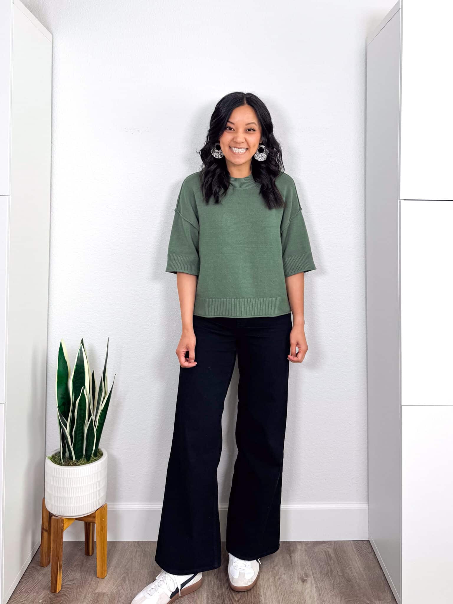 Amazon Fashion Deals That I Love 😍 —  ENDS TOMORROW! + amazon fashion deals + amazon fashion favorites + putting me together + comfortable short sleeve olive green sweater + black wide leg jeans + comfortable white and black sneakers