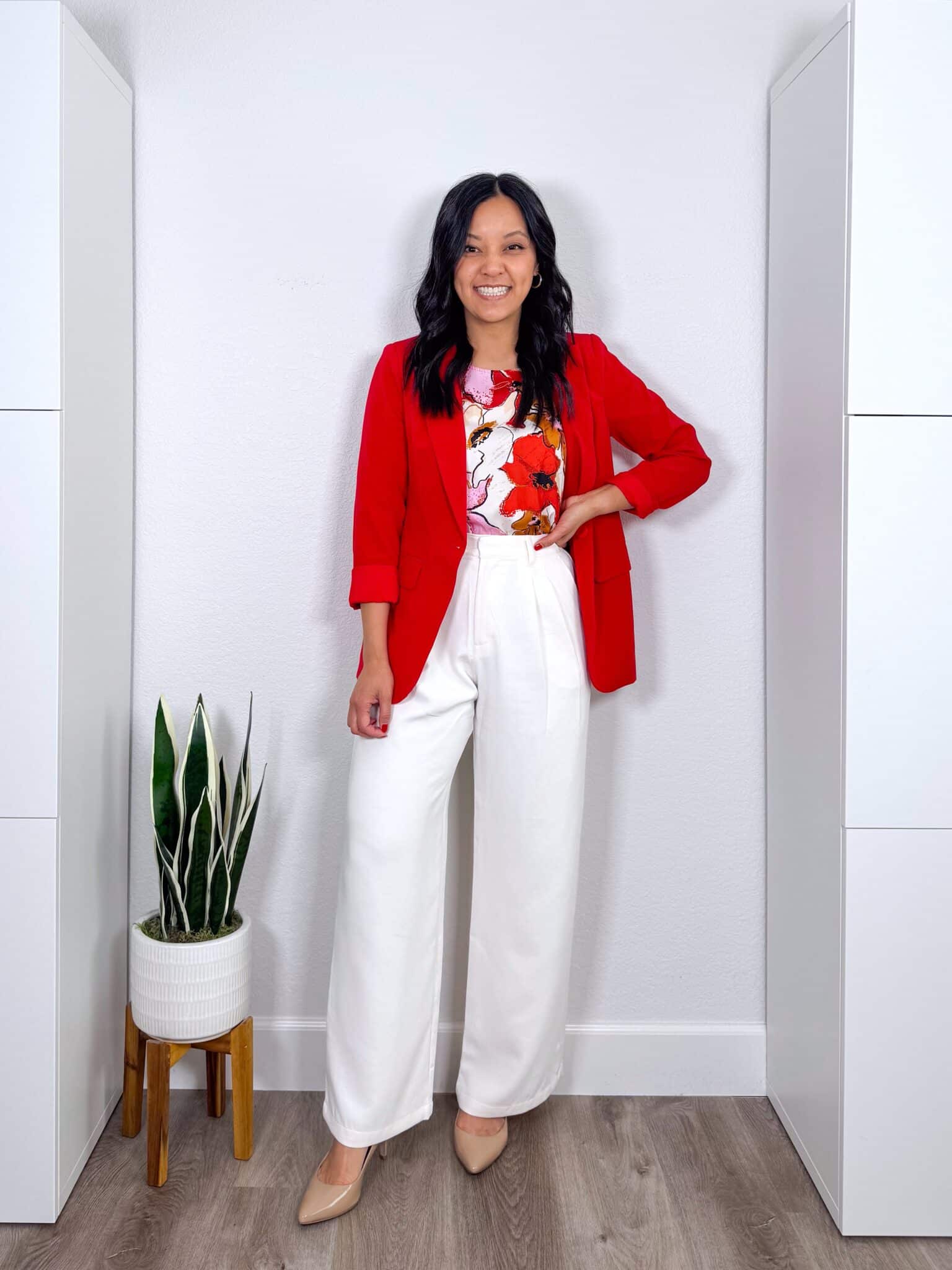 Amazon Fashion Deals That I Love 😍 —  ENDS TOMORROW! + amazon fashion deals + amazon fashion favorites + putting me together + versatile red blazer + white and red and pink floral top + comfortable white wide leg pants + gold hoops + nude heels