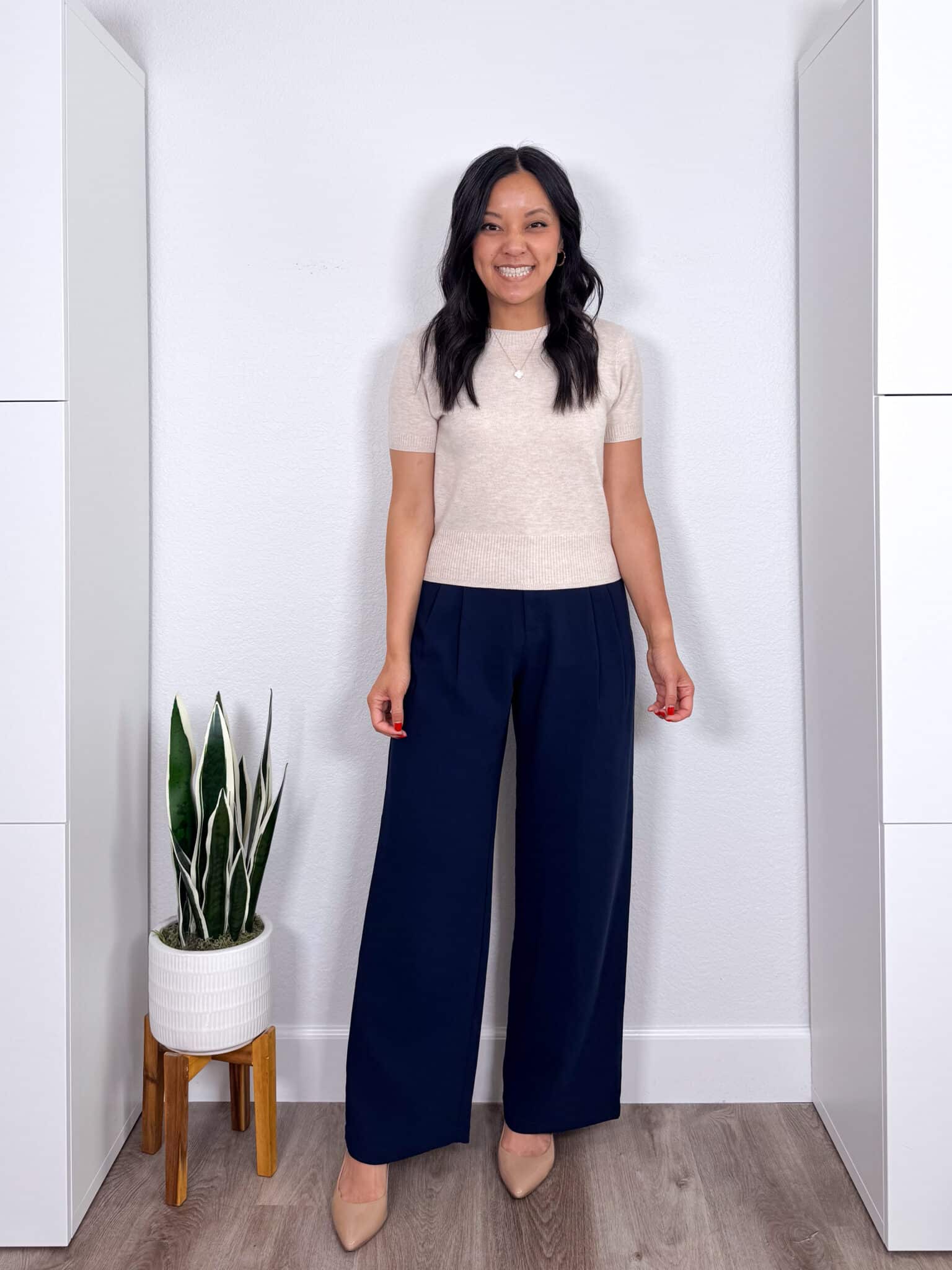 Amazon Fashion Deals That I Love 😍 —  ENDS TOMORROW! + amazon fashion deals + amazon fashion favorites + putting me together + short sleeve polished tan sweater + navy wide leg pants + gold hoops + gold and white icon necklace + nude heels