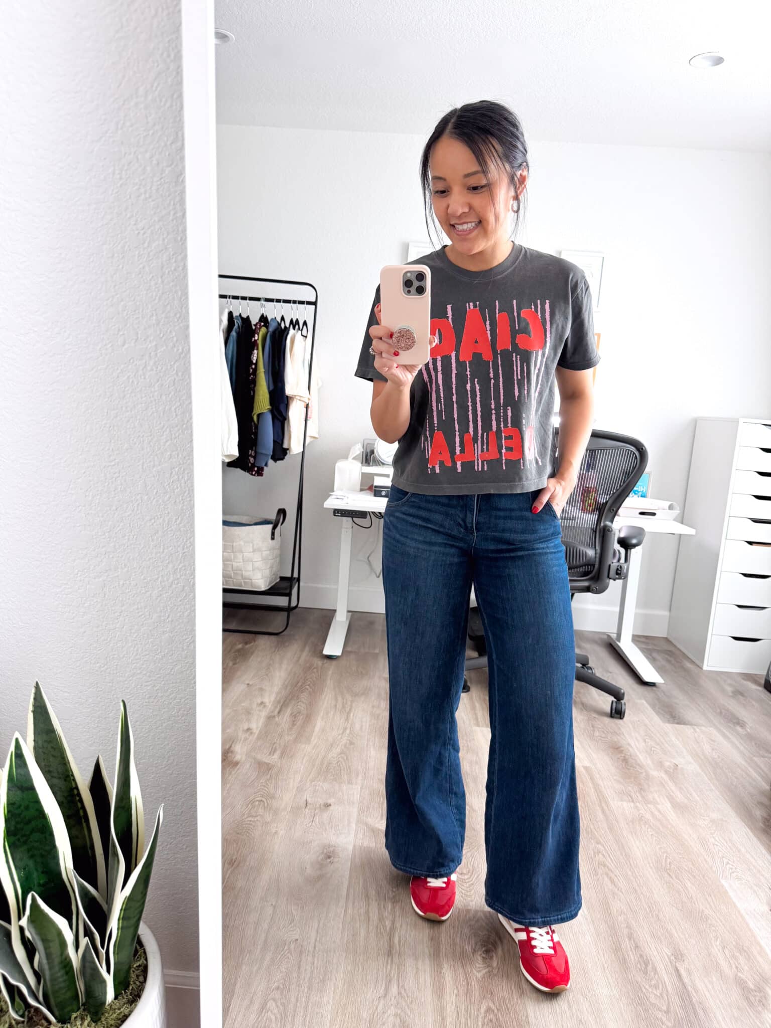 fall fashion trends 2026 + 8 Wearable Fall Fashion Trends to Try This Year + putting me together + grey ciao bella tee + dark wash jeans + red sneakers