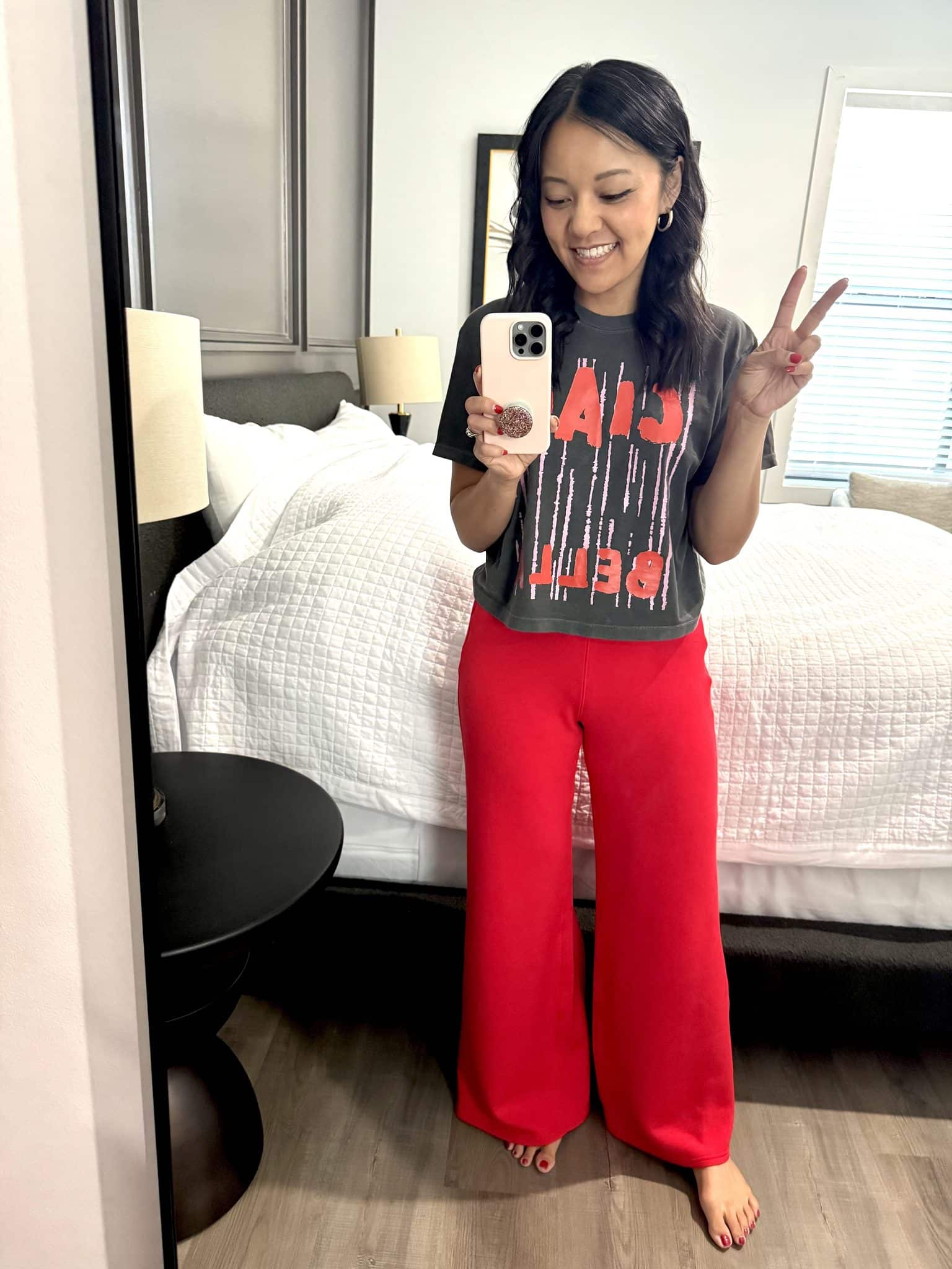 REVIEWS: Easy to Style Fall Try Ons for Casual Wear, Work, and Family Photos + fall try ons and reviews + putting me together + easy to wear black and red graphic tee + lightweight comfortable red athleisure pants
