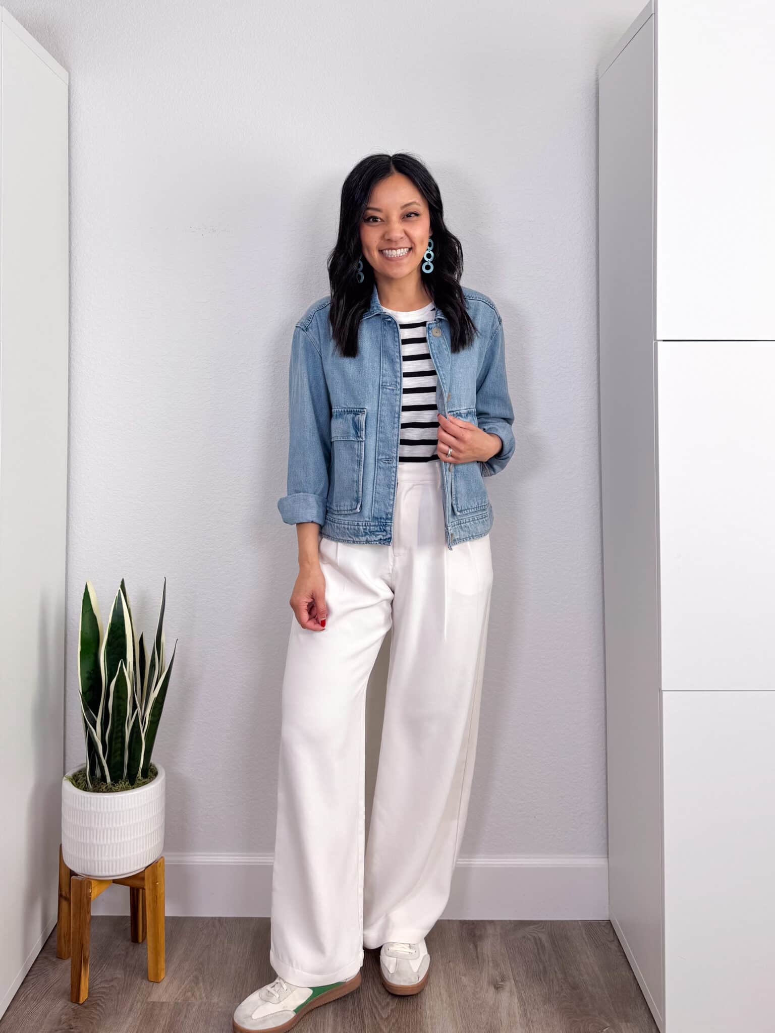 dress up a t-shirt + How to Dress Up a T-Shirt: Easy Styling Tips + putting me together + white fitted tee + stylish denim jacket + white and black striped t-shirt + white wide leg trouser pants + white and greeen sneakers + teal earrings