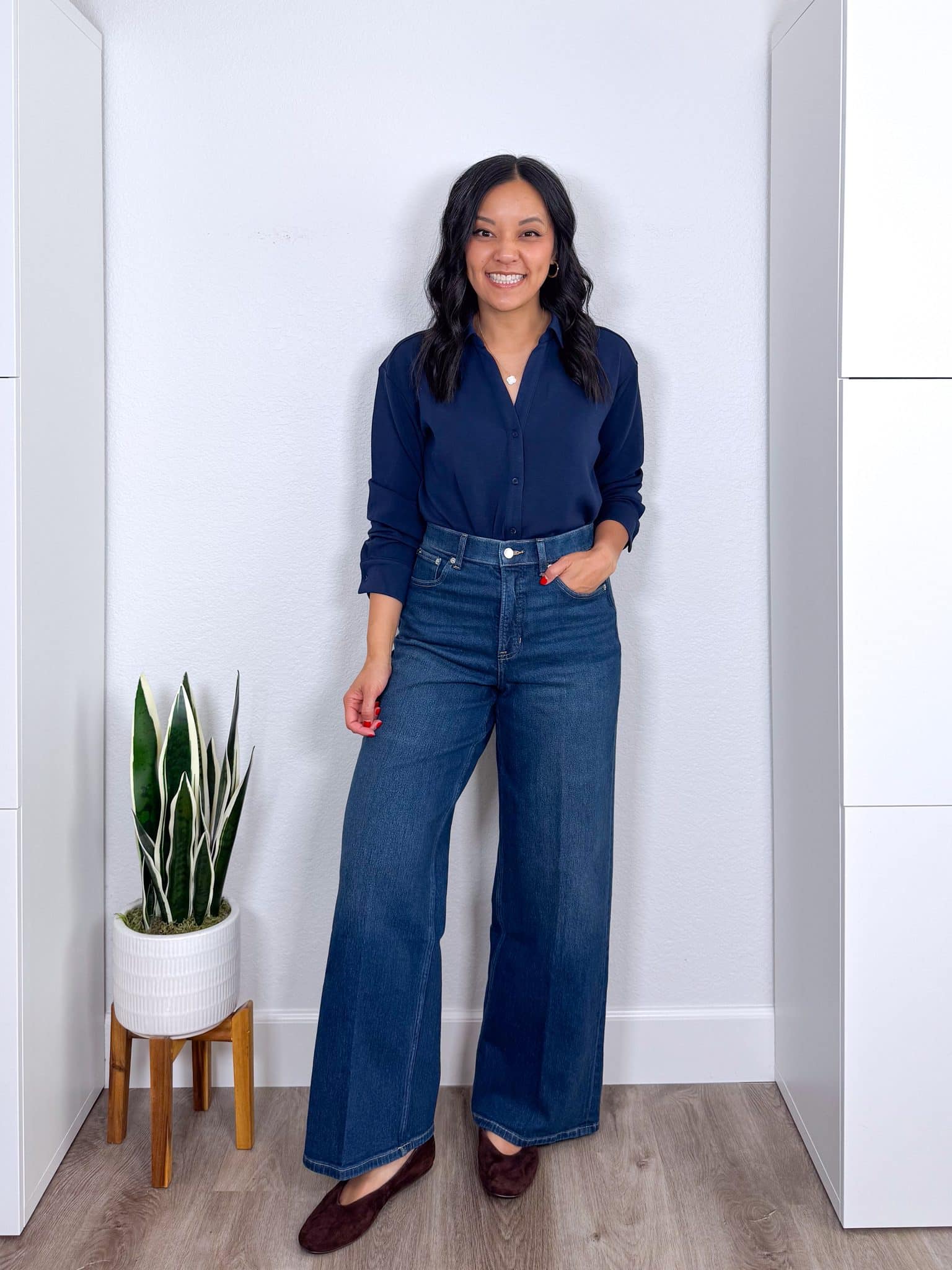 REVIEWS: Easy to Style Fall Try Ons for Casual Wear, Work, and Family Photos + fall try ons and reviews + putting me together + comfy navy blue button up shirt + comfortable dark wash wide leg denim jeans + brown suede flats