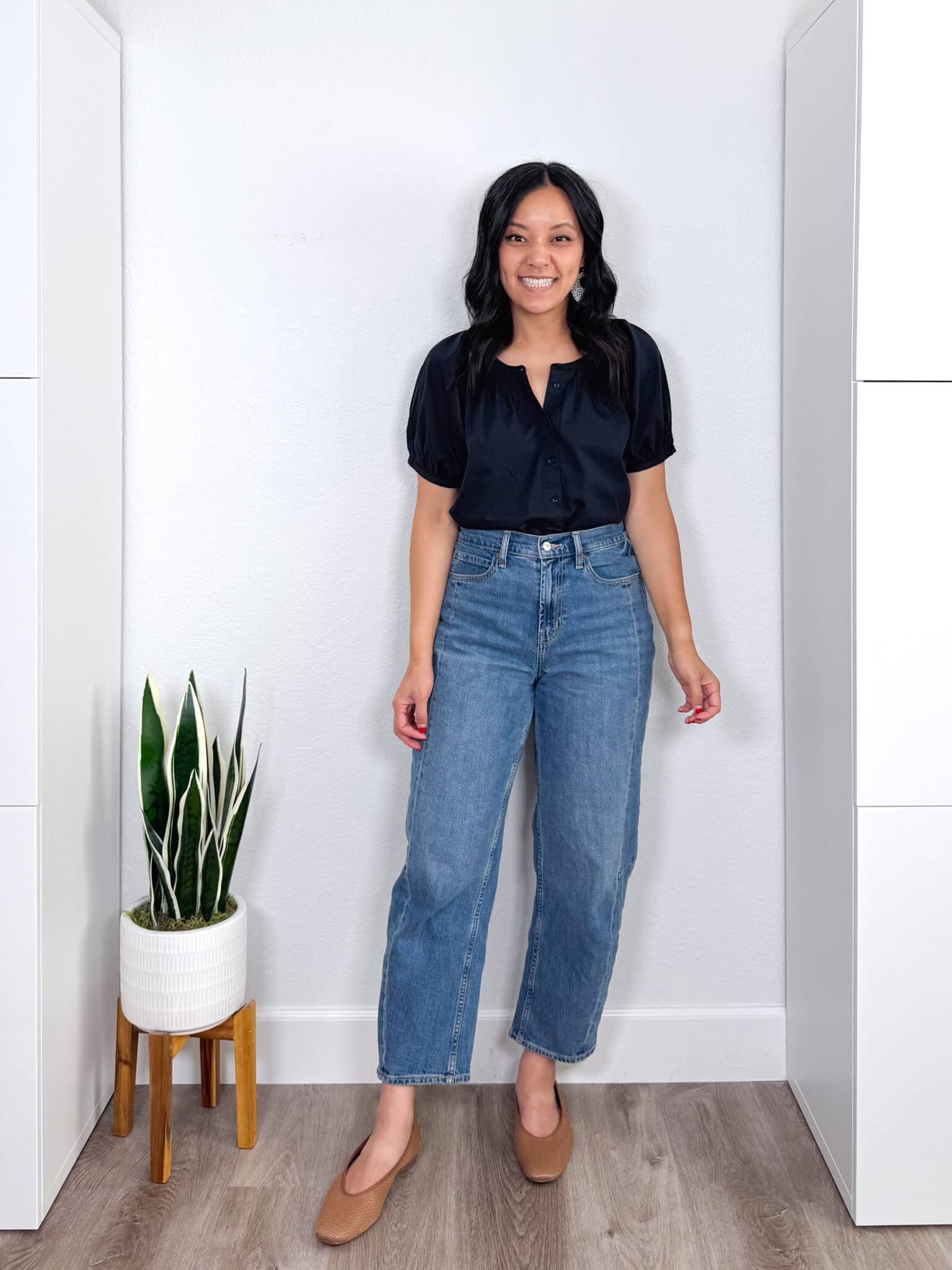 fall fashion trends 2026 + 8 Wearable Fall Fashion Trends to Try This Year + putting me together + black blouse with buttons + medium wash barrel leg jeans + tan flats + white earrings
