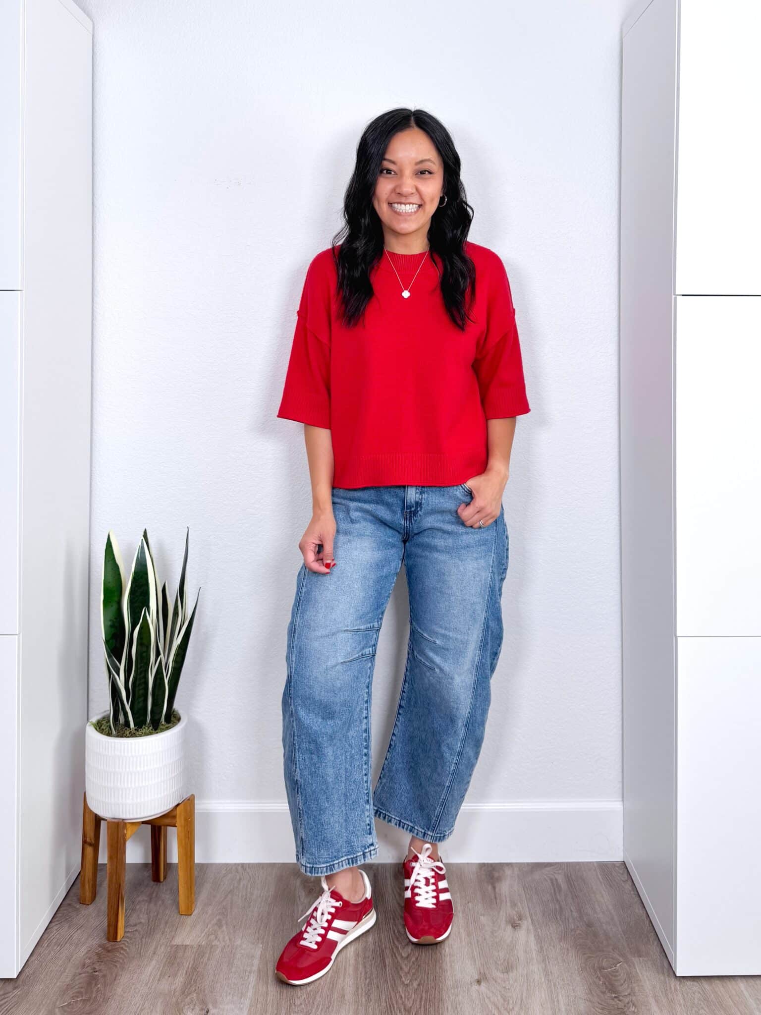 fall fashion trends 2026 + 8 Wearable Fall Fashion Trends to Try This Year + putting me together + red short sleeve sweater + barrel leg jeans + red sneakers