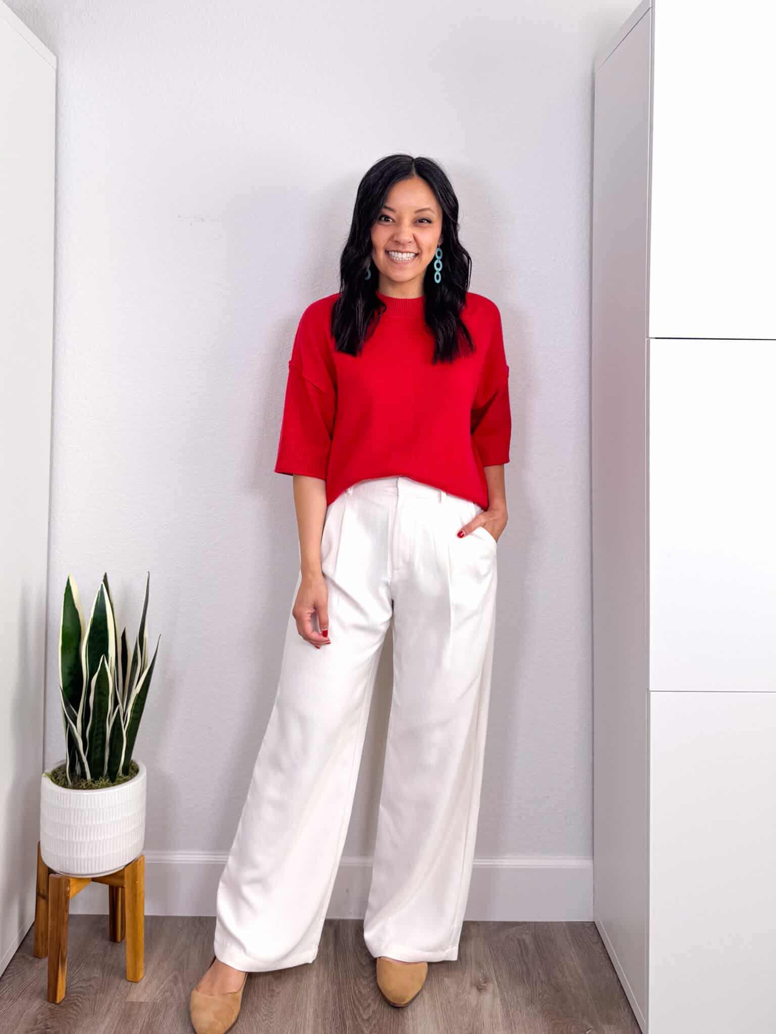 Amazon Fashion Deals That I Love 😍 —  ENDS TOMORROW! + amazon fashion deals + amazon fashion favorites + putting me together + short sleeve red sweater + white wide leg pants +teal earrings + suede tan flats