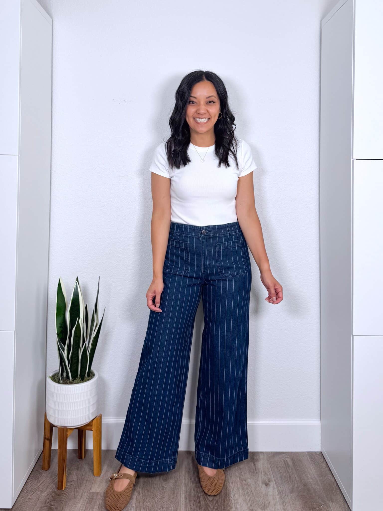 dress up a t-shirt + How to Dress Up a T-Shirt: Easy Styling Tips + putting me together + white fitted tee + striped dark wash wide leg denim pants + perforated tan mary jane flats + gold and white icon necklace