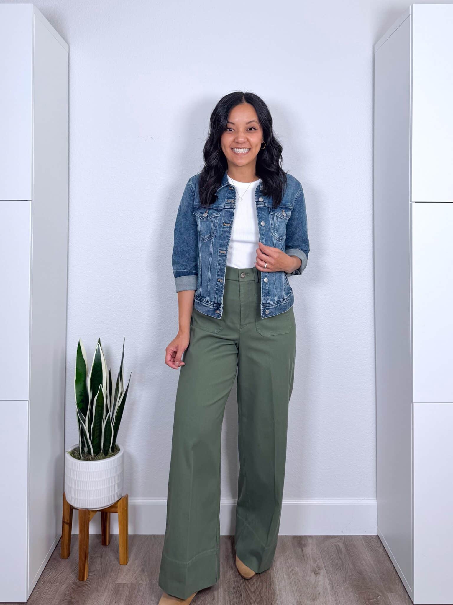 dress up a t-shirt + How to Dress Up a T-Shirt: Easy Styling Tips + putting me together + white fitted tee + versatile denim jacket + green trouser pants + suede tan shoes