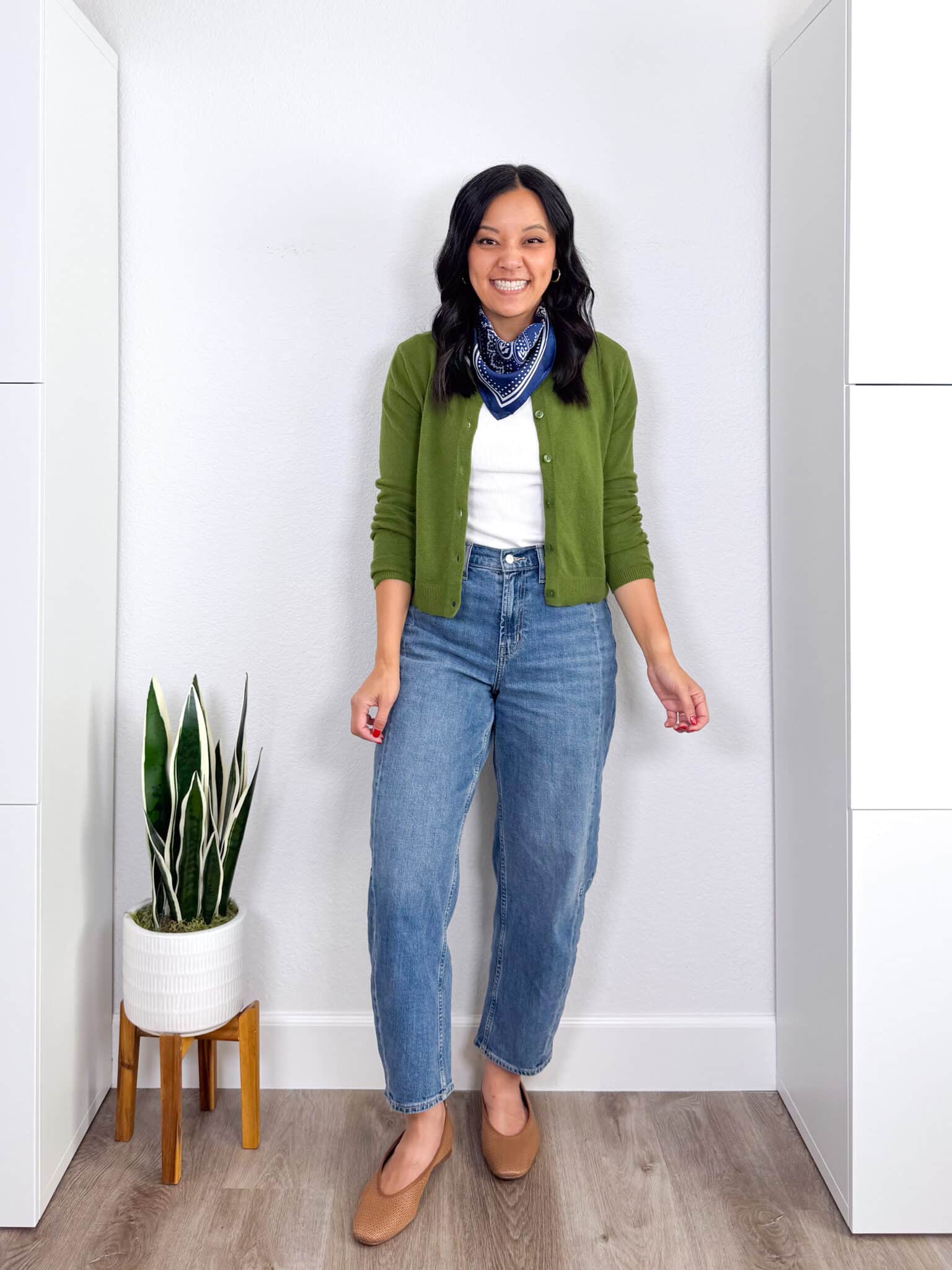 4 Casual Fall Outfits for 2026 to Copy Right Now From the NEW Fall Wardrobe & Outfit Guide! + putting me together + casual fall outfits 2026 + white tee + bright green cardigan sweater + medium wash barrel leg jeans + tan flats + navy silk scarf