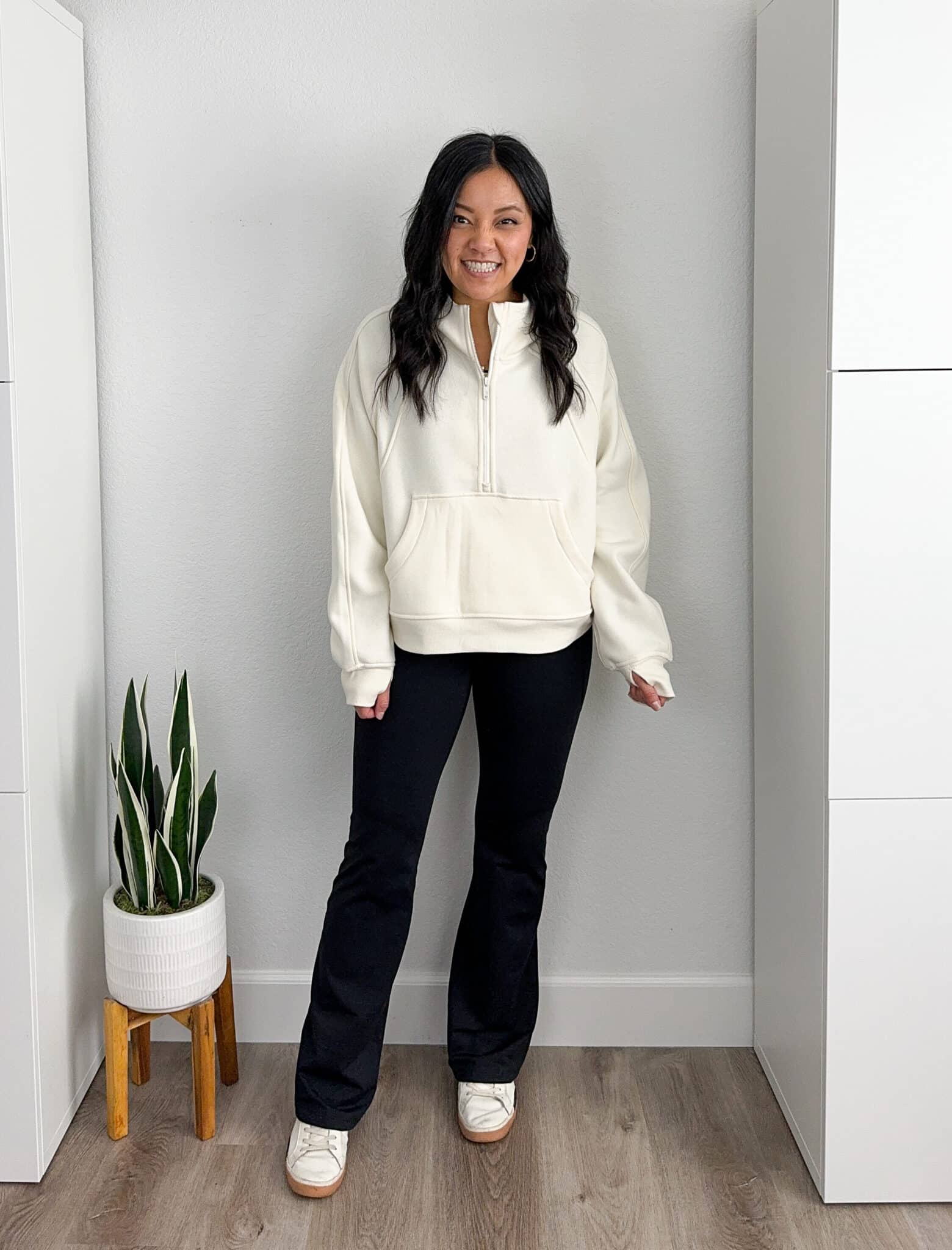 Amazon Fashion Deals That I Love 😍 —  ENDS TOMORROW! + amazon fashion deals + amazon fashion favorites + putting me together + white ecru pullover sweatshirt + black fleece lined flare leggings + gold hoops + white sneakers