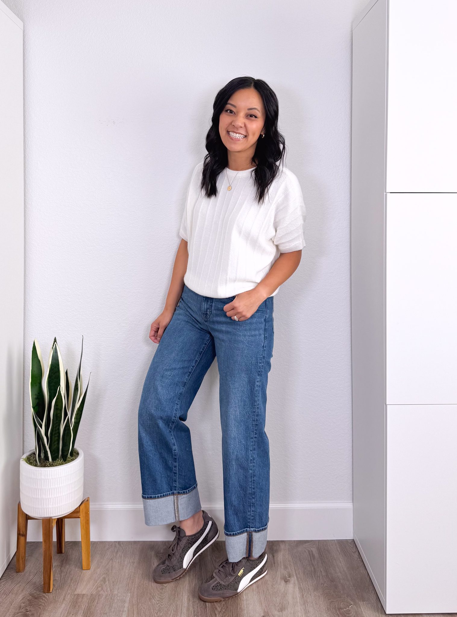 REVIEWS: Fall Jackets, Really Affordable Elevated Casual Tops, and Shoes + elevated casual tops and fall jackets + putting me together + white short sleeve sweater + medium wash cuffed leg jeans + gray animal print sneakers + gold icon necklace