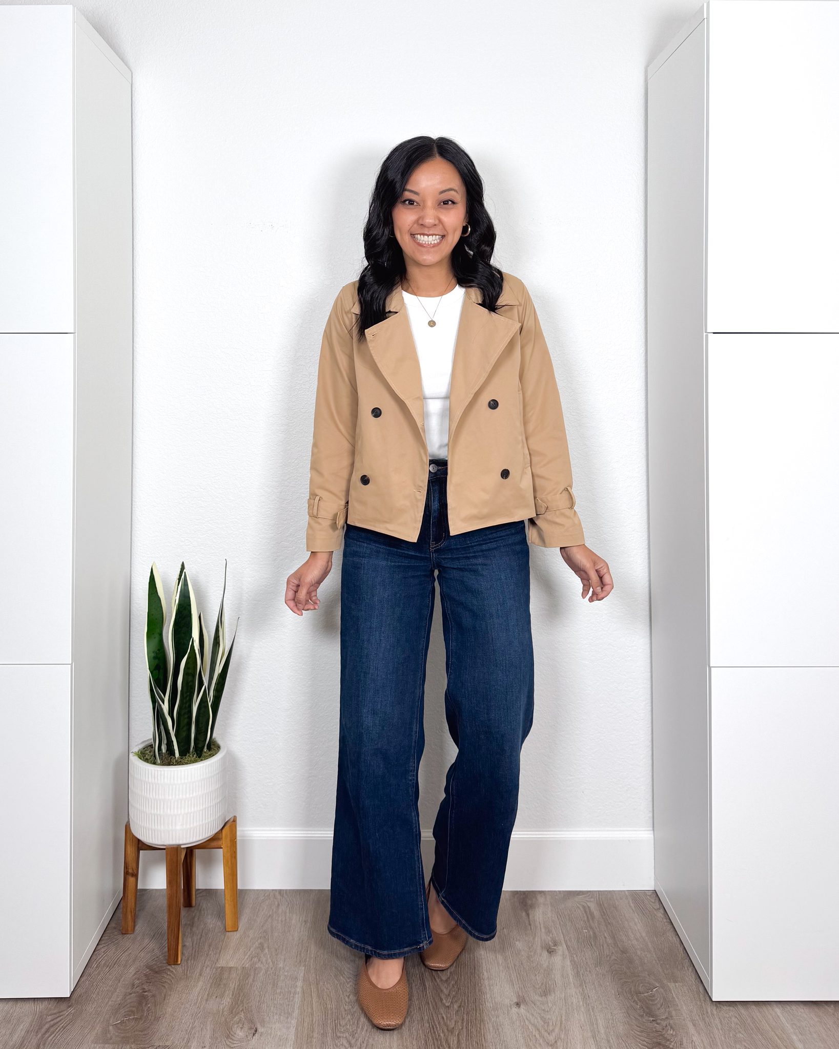 REVIEWS: Fall Jackets, Really Affordable Elevated Casual Tops, and Shoes + elevated casual tops and fall jackets + putting me together + easy to wear white tee + dark wash wide leg jeans + tan woven flats + gold icon necklace + short tan jacket + cropped trench coat