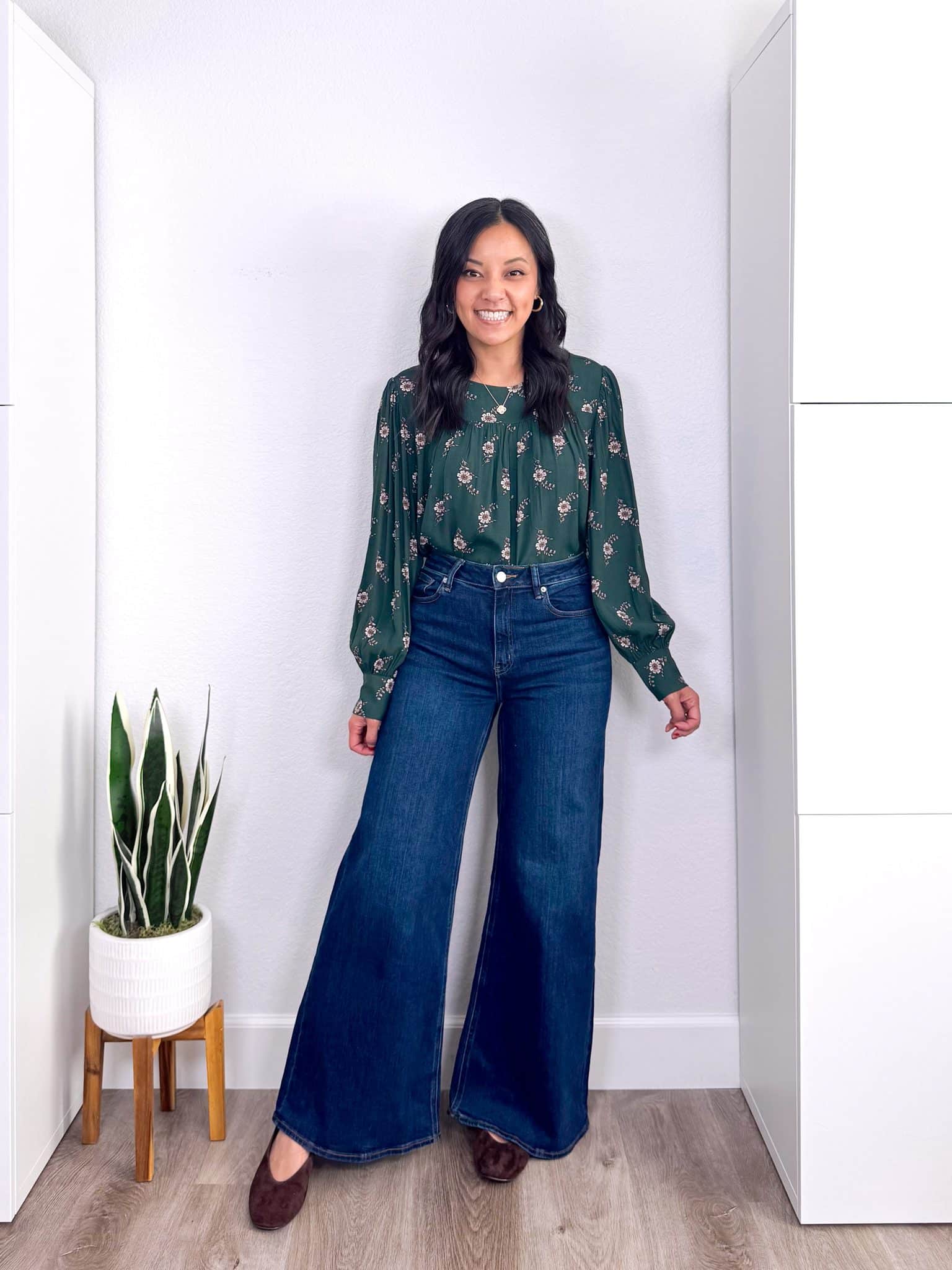 REVIEWS: Fall Jackets, Really Affordable Elevated Casual Tops, and Shoes + elevated casual tops and fall jackets + putting me together + dark green floral printed blouse + comfortable dark wash wide leg palazzo jeans + gold icon necklace + brown suede flats