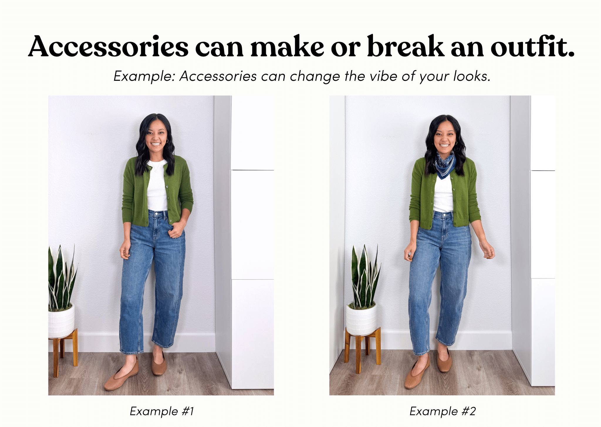 How to Make the Same Clothes Look Different by Changing Your Accessories + how to accessorize outfits + putting me together + white tee + green cardigan sweater + stylish medium wash barrel leg jeans + perforated tan flats + gold earrings + blue silk scarf