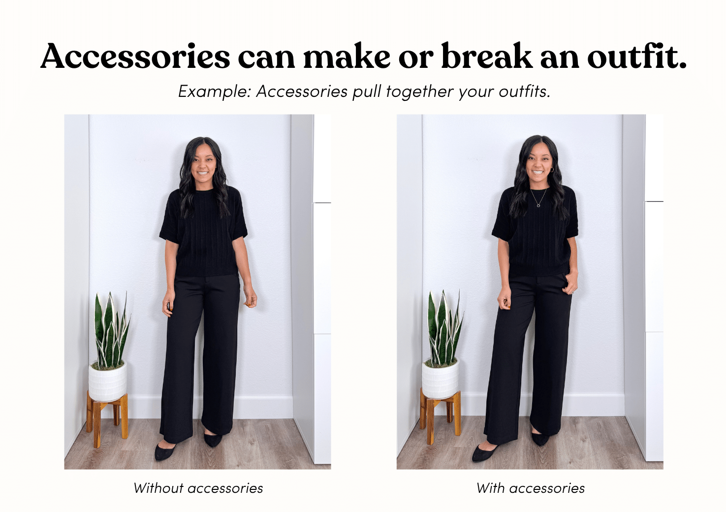 How to Make the Same Clothes Look Different by Changing Your Accessories + how to accessorize outfits + putting me together + black top + black pants + black shoes + black and gold icon necklace + gold hoops