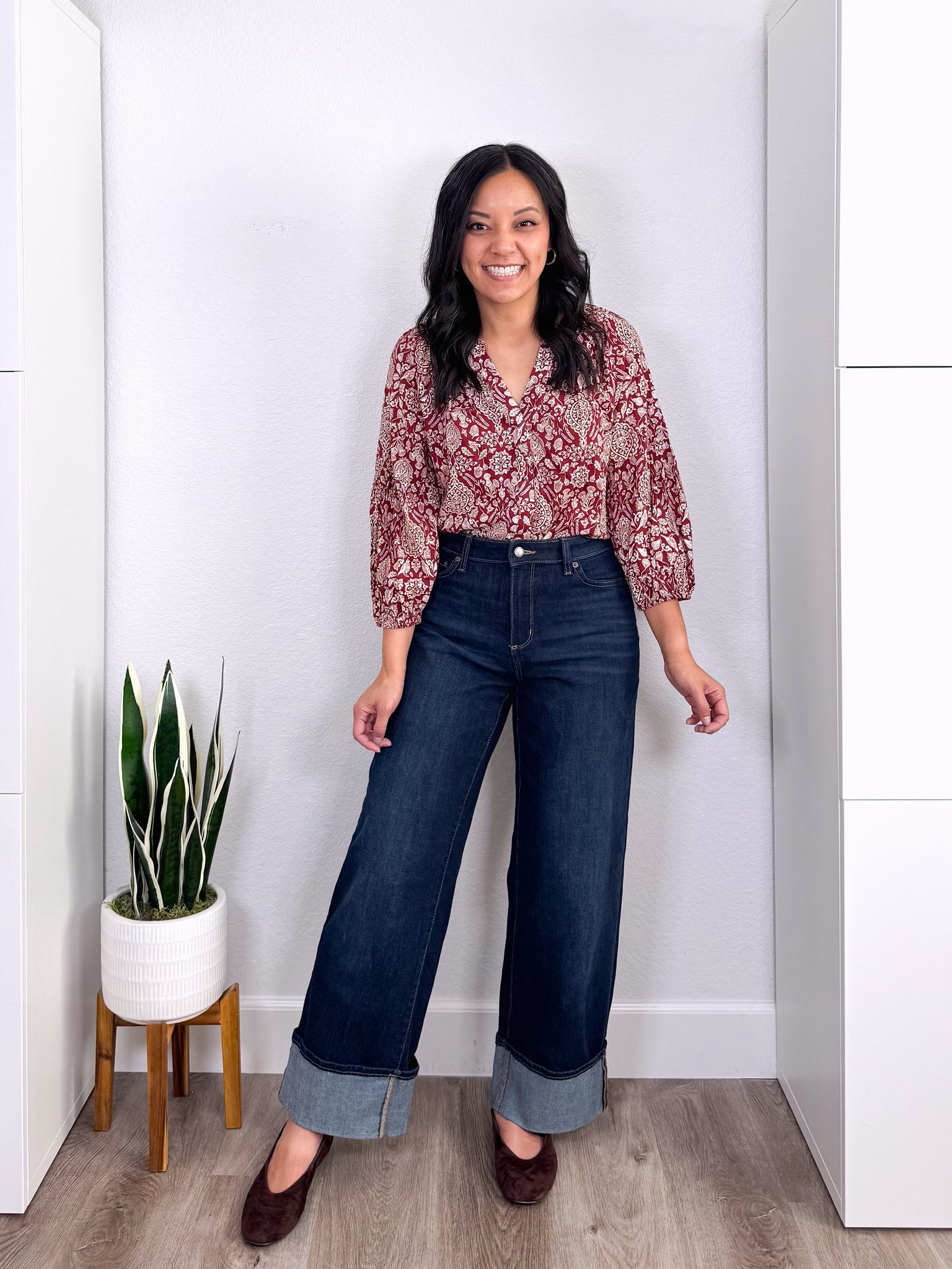 REVIEWS: Fall Jackets, Really Affordable Elevated Casual Tops, and Shoes + elevated casual tops and fall jackets + putting me together + 3/4 sleeve red and white floral blouse + dark wash wide leg cuffed jeans + chocolate brown suede flats
