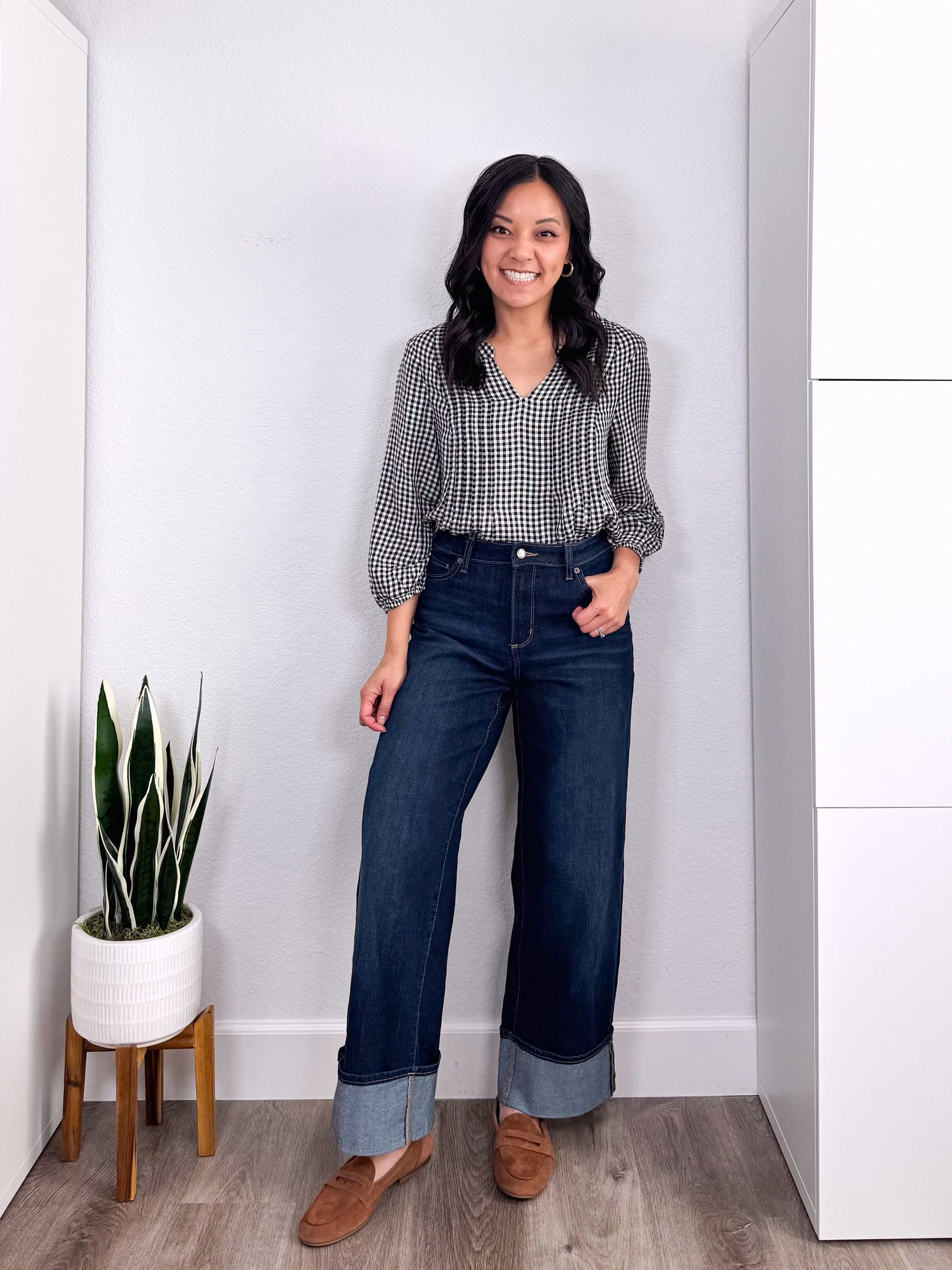 REVIEWS: Fall Jackets, Really Affordable Elevated Casual Tops, and Shoes + elevated casual tops and fall jackets + putting me together + soft black and white gingham blouse + dark wash wide leg cuffed jeans + stylish tan suede loafers