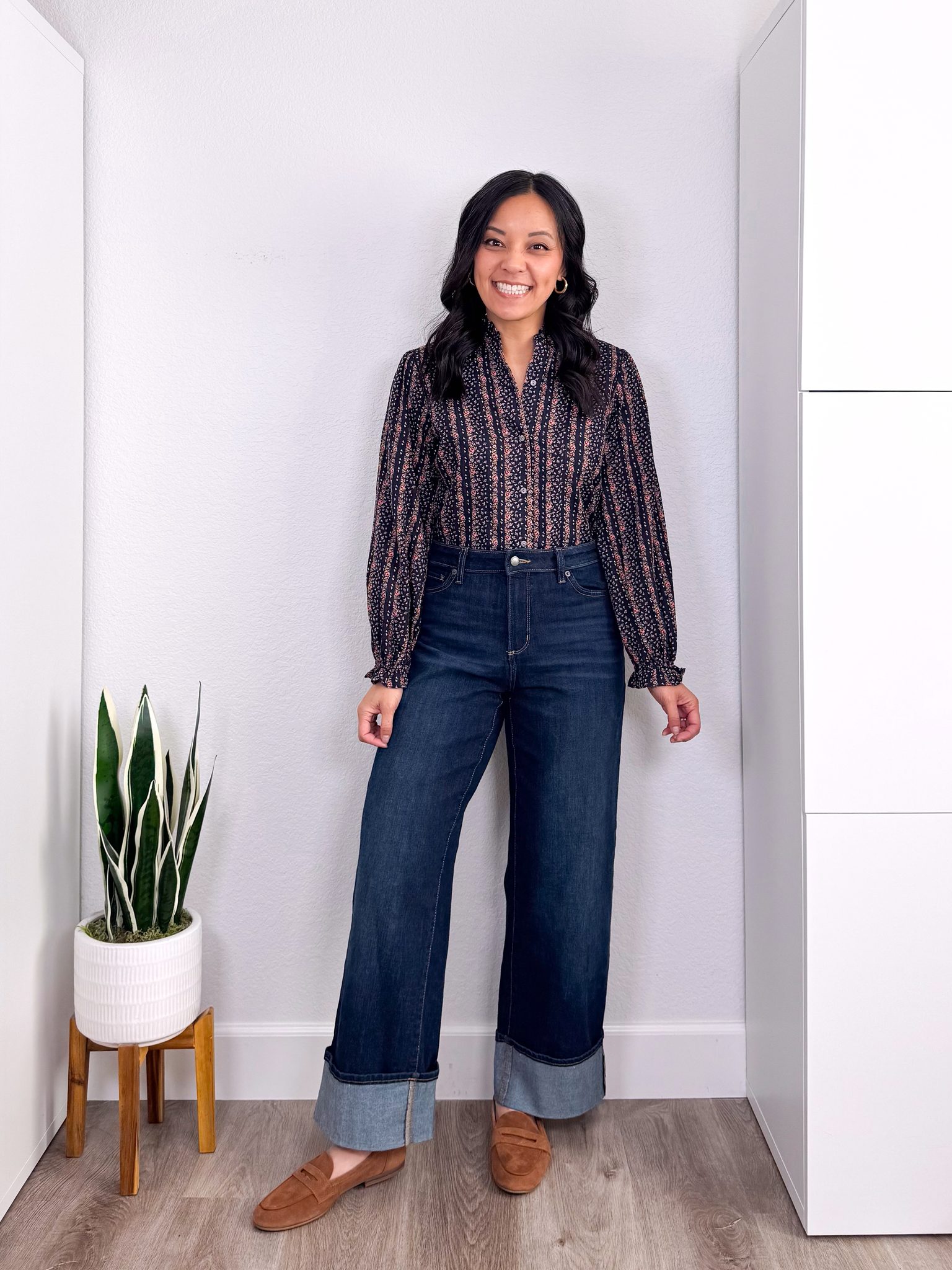REVIEWS: Fall Jackets, Really Affordable Elevated Casual Tops, and Shoes + elevated casual tops and fall jackets + putting me together + ruffle sleeve red and white black floral blouse + dark wash wide leg cuffed jeans + tan loafers