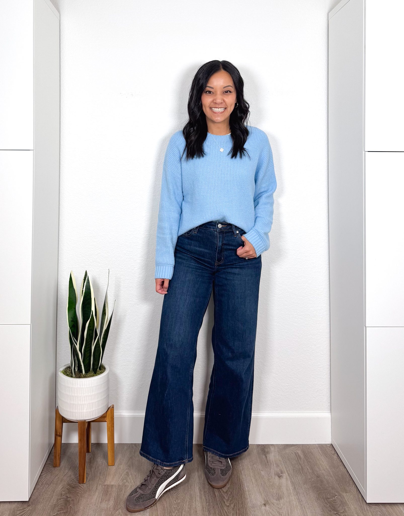 REVIEWS: Fall Jackets, Really Affordable Elevated Casual Tops, and Shoes + elevated casual tops and fall jackets + putting me together + easy to wear light blue crew neck sweater + dark wash wide leg jeans + gray perforated sneakers + silver icon necklace