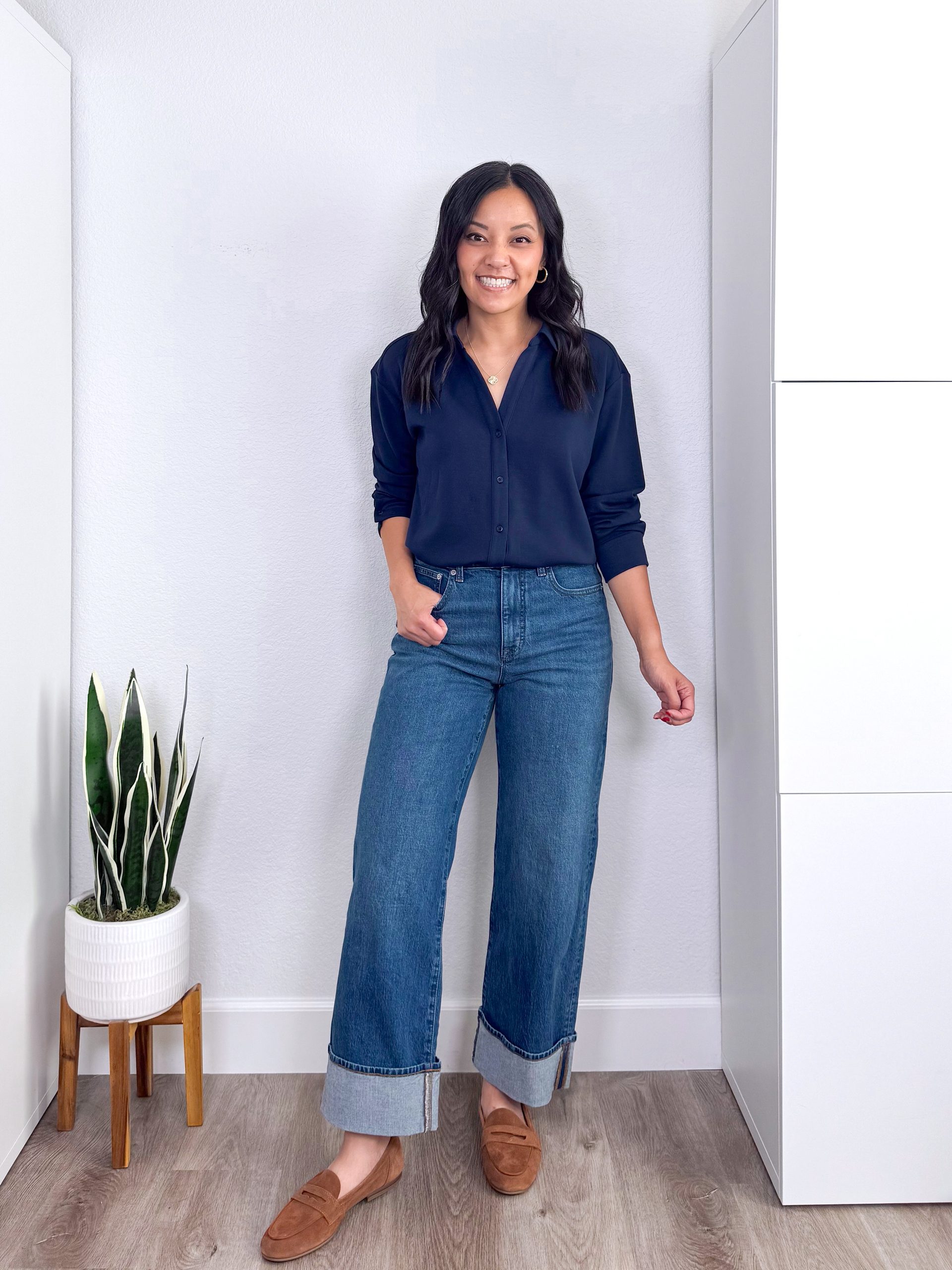 REVIEWS: Fall Jackets, Really Affordable Elevated Casual Tops, and Shoes + elevated casual tops and fall jackets + putting me together + comfortable navy button up shirt + medium wash cuffed jeans + stylish tan suede loafers
