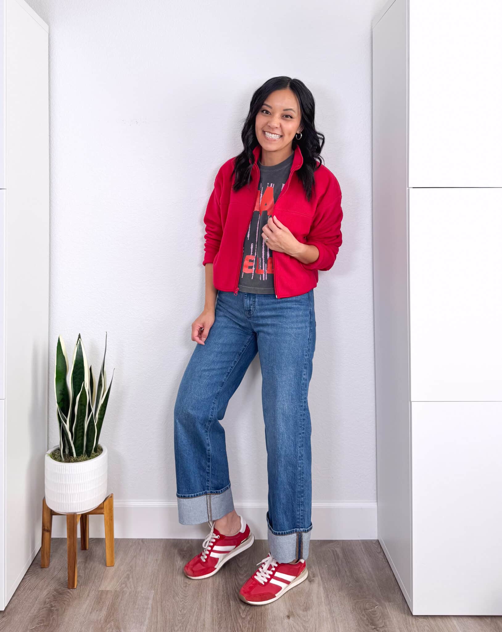 REVIEWS: Fall Jackets, Really Affordable Elevated Casual Tops, and Shoes + elevated casual tops and fall jackets + putting me together + gray and red graphic tee + affordable red fleece zip up jacket + medium wash cuffed jeans + gold icon necklace + red sneakers