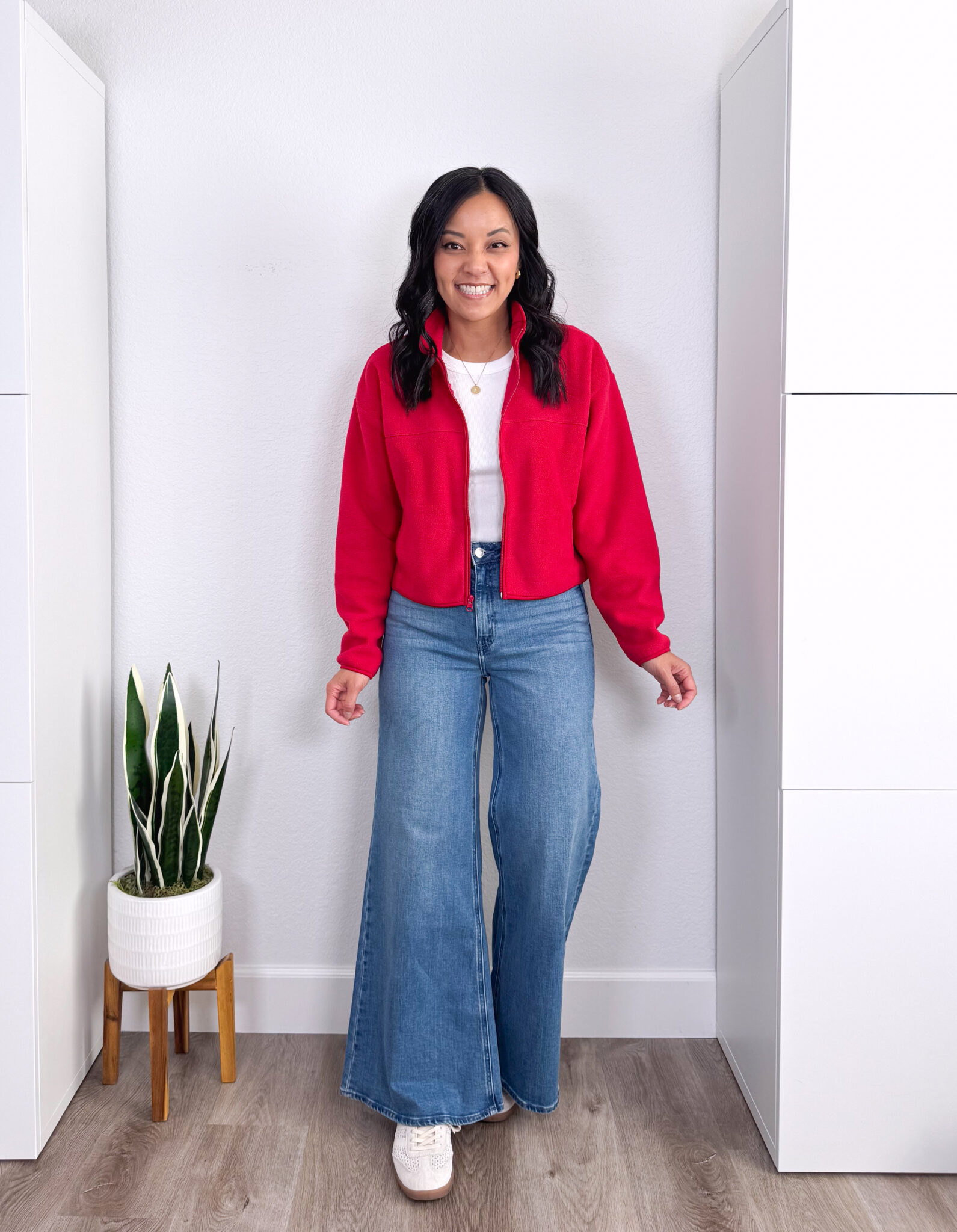 REVIEWS: Fall Jackets, Really Affordable Elevated Casual Tops, and Shoes + elevated casual tops and fall jackets + putting me together + versatile white tee + affordable red fleece zip up jacket + comfortable light wash wide leg palazzo jeans + gold icon necklace +perforated white sneakers