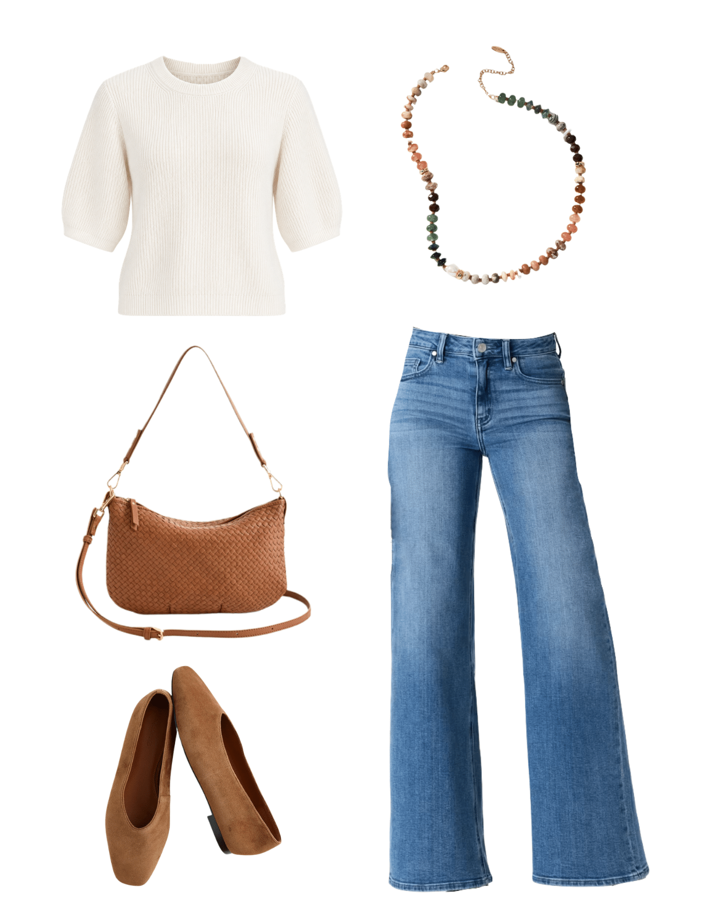 How to Make the Same Clothes Look Different by Changing Your Accessories + how to accessorize outfits + putting me together + white sweater + comfortable wide leg jeans + tan purse + tan flats + beaded necklace