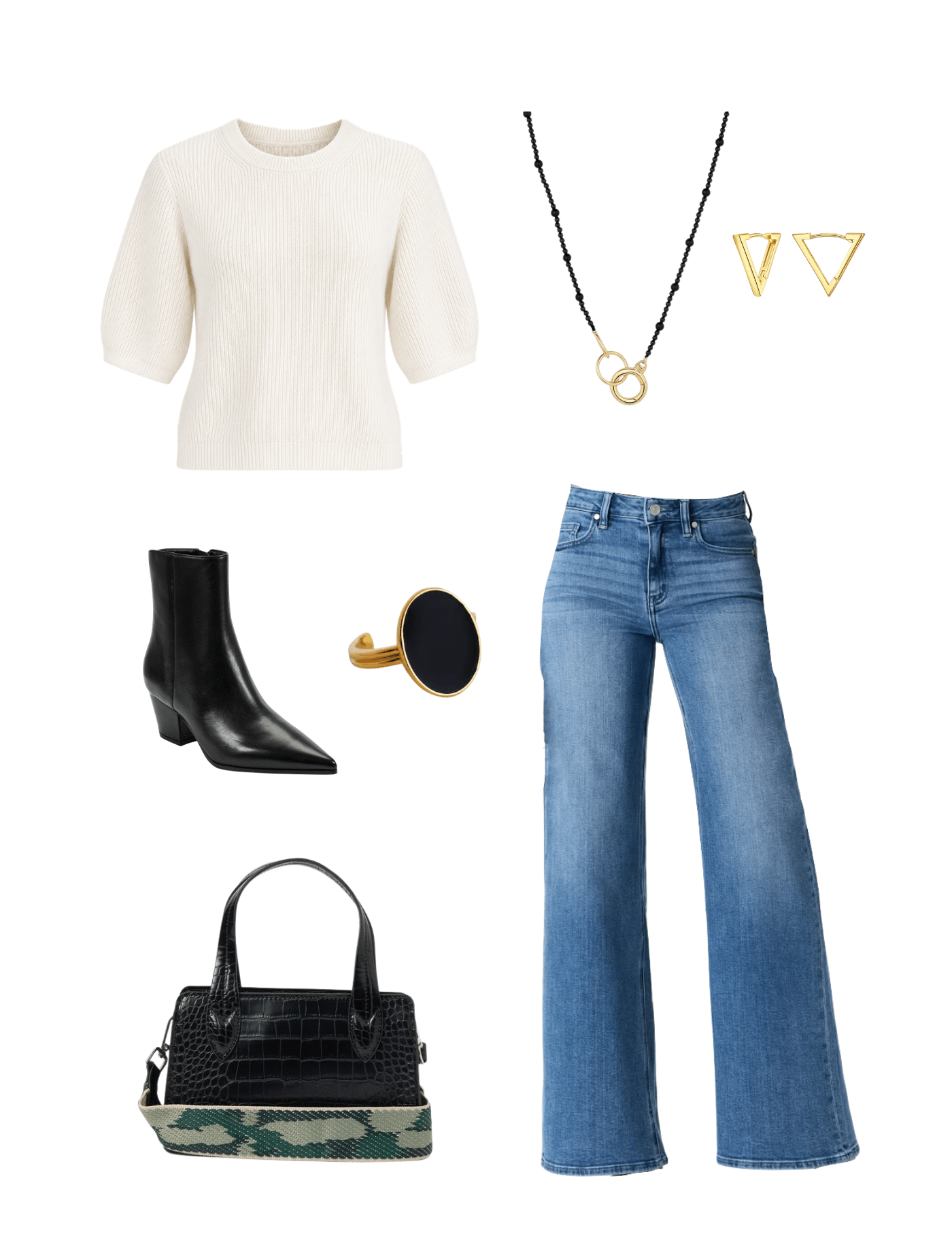 How to Make the Same Clothes Look Different by Changing Your Accessories + how to accessorize outfits + putting me together + white sweater + comfortable wide leg jeans + black and gold necklace + gold earrings + black pointed toe boots + black handbag