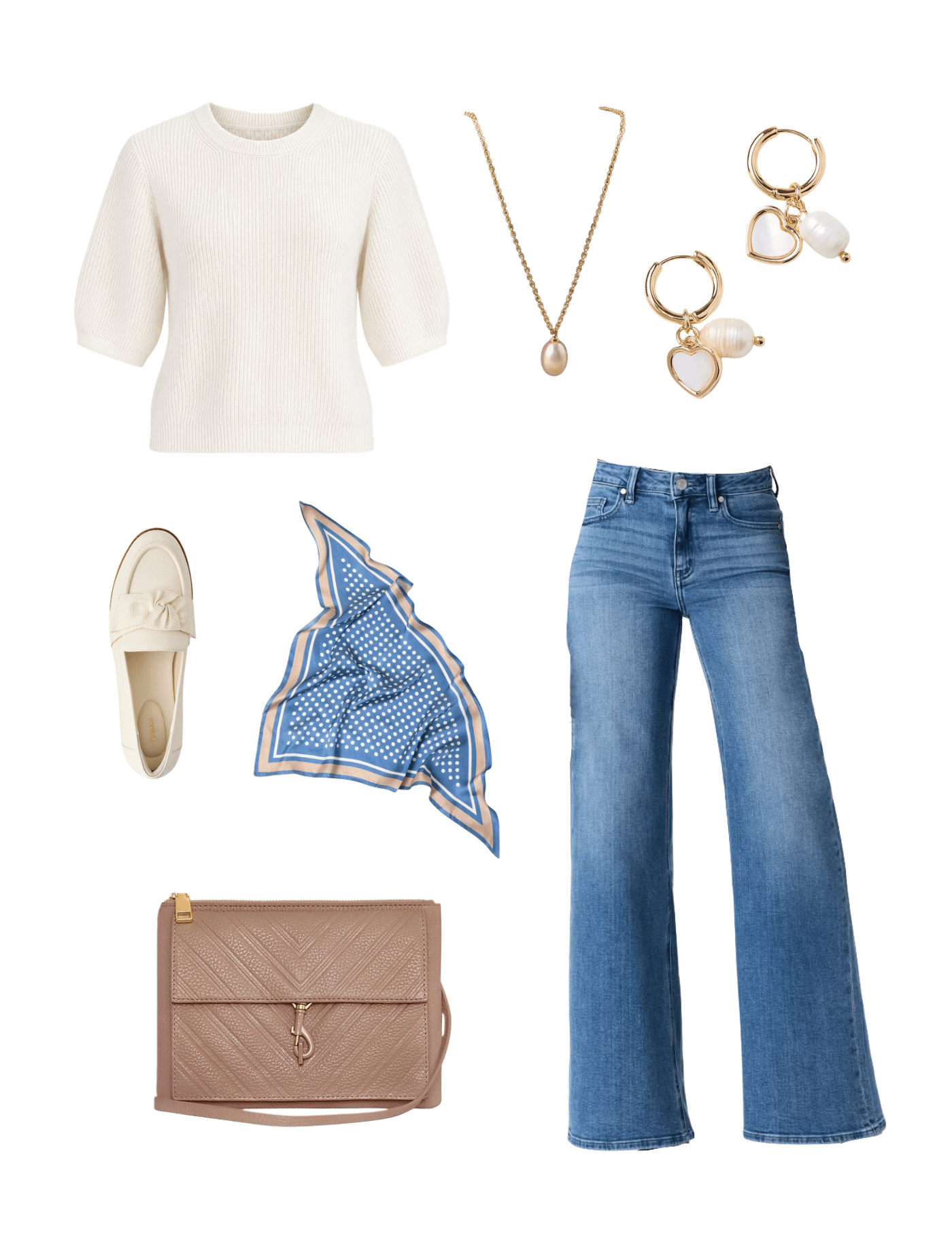 How to Make the Same Clothes Look Different by Changing Your Accessories + how to accessorize outfits + putting me together + white sweater + comfortable wide leg jeans + rose gold jewelry + rose gold champagne purse + blue and champagne silk scarf + white loafers