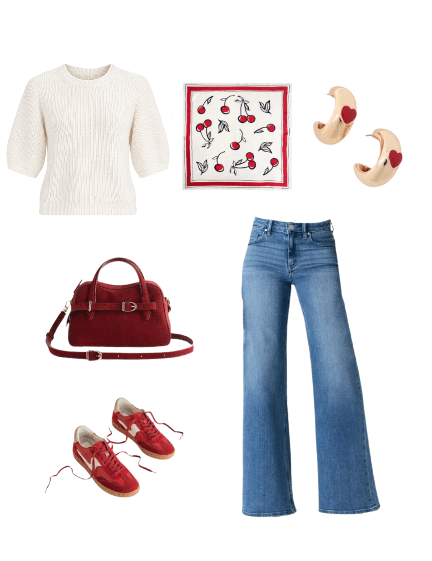 How to Make the Same Clothes Look Different by Changing Your Accessories + how to accessorize outfits + putting me together + white sweater + comfortable wide leg jeans + red and white cherries scarf + gold hoops with red hears + red sneakers + red bag