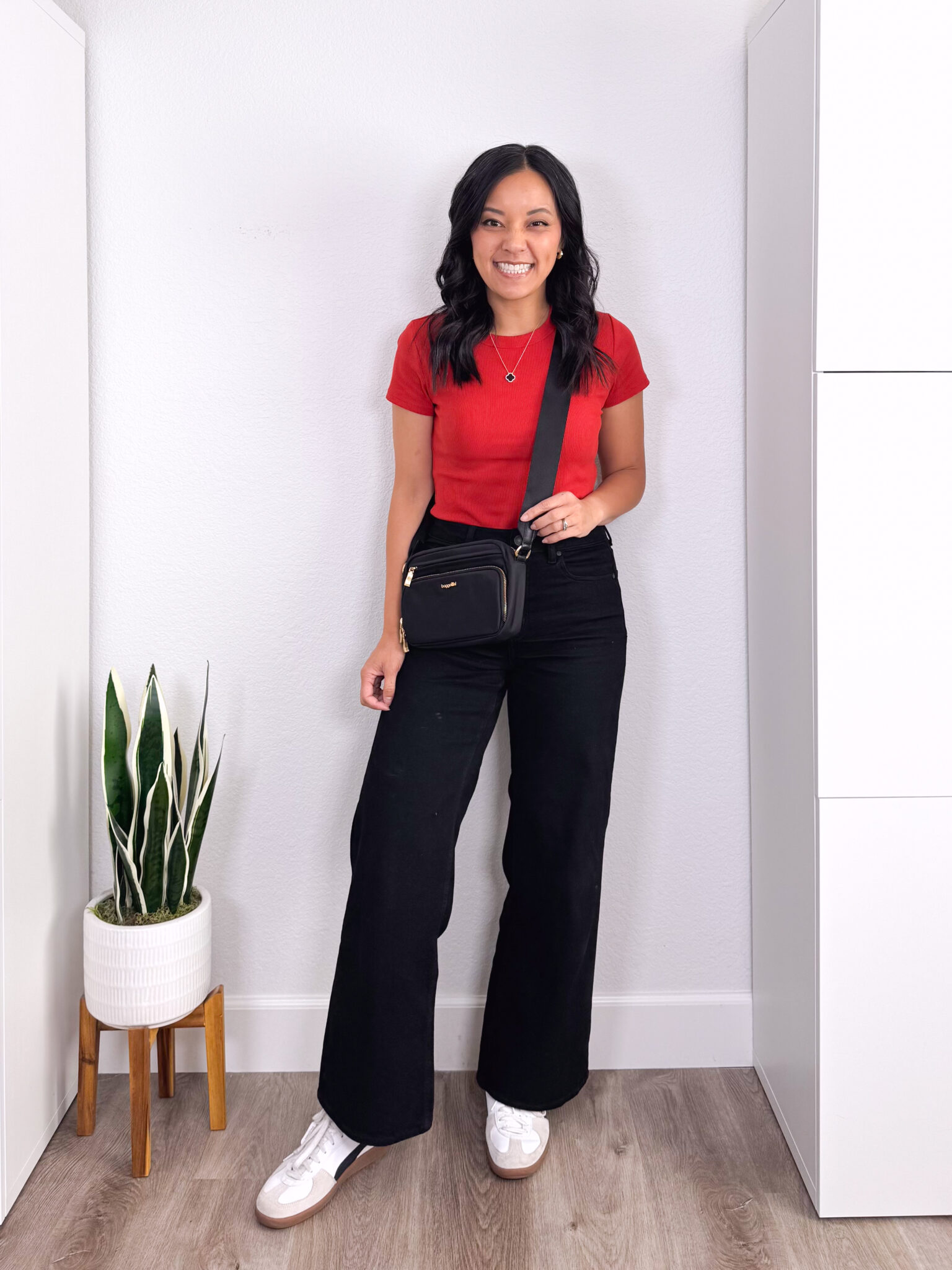 REVIEWS: Fall Jackets, Really Affordable Elevated Casual Tops, and Shoes + elevated casual tops and fall jackets + putting me together + red tee + black wide leg jeans + white and black sneakers + black crossbody bag + black icon necklace