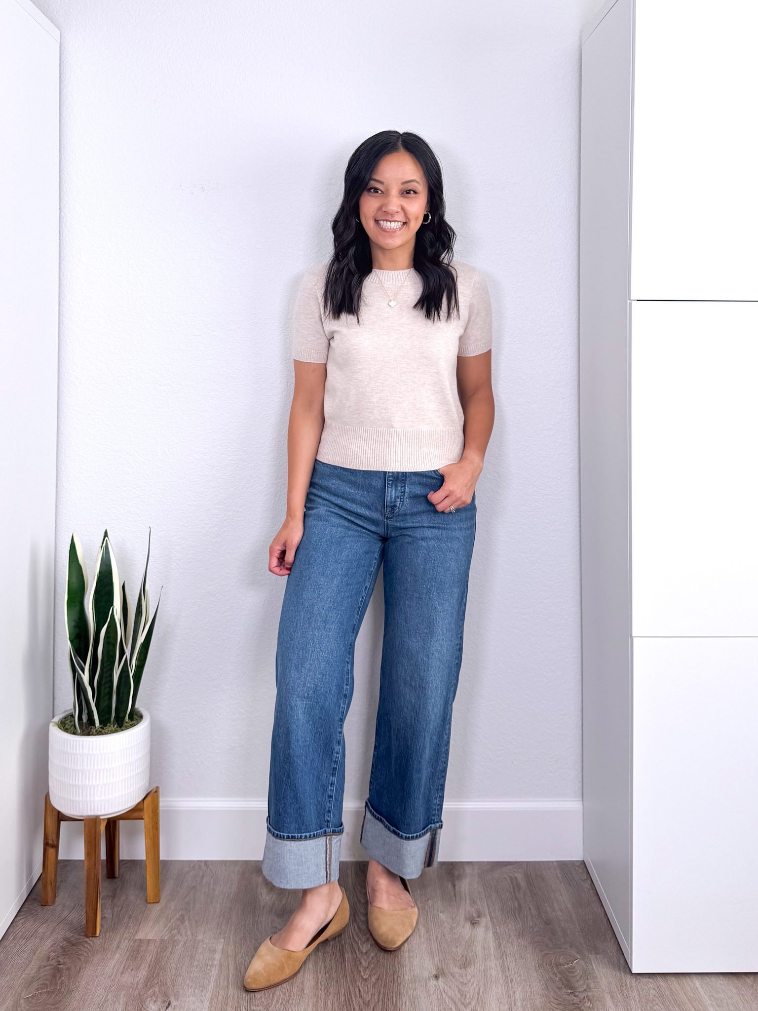 Family Photo Outfit Ideas for Moms + Family Photo Outfit Ideas for Moms: Easy Looks to Copy + putting me together + what to wear for family photos + easy to wear short sleeve oatmeal tan sweater + comfortable medium wash cuffed boyfriend jeans + tan suede flats + gold and white icon necklace + gold hoop earrings