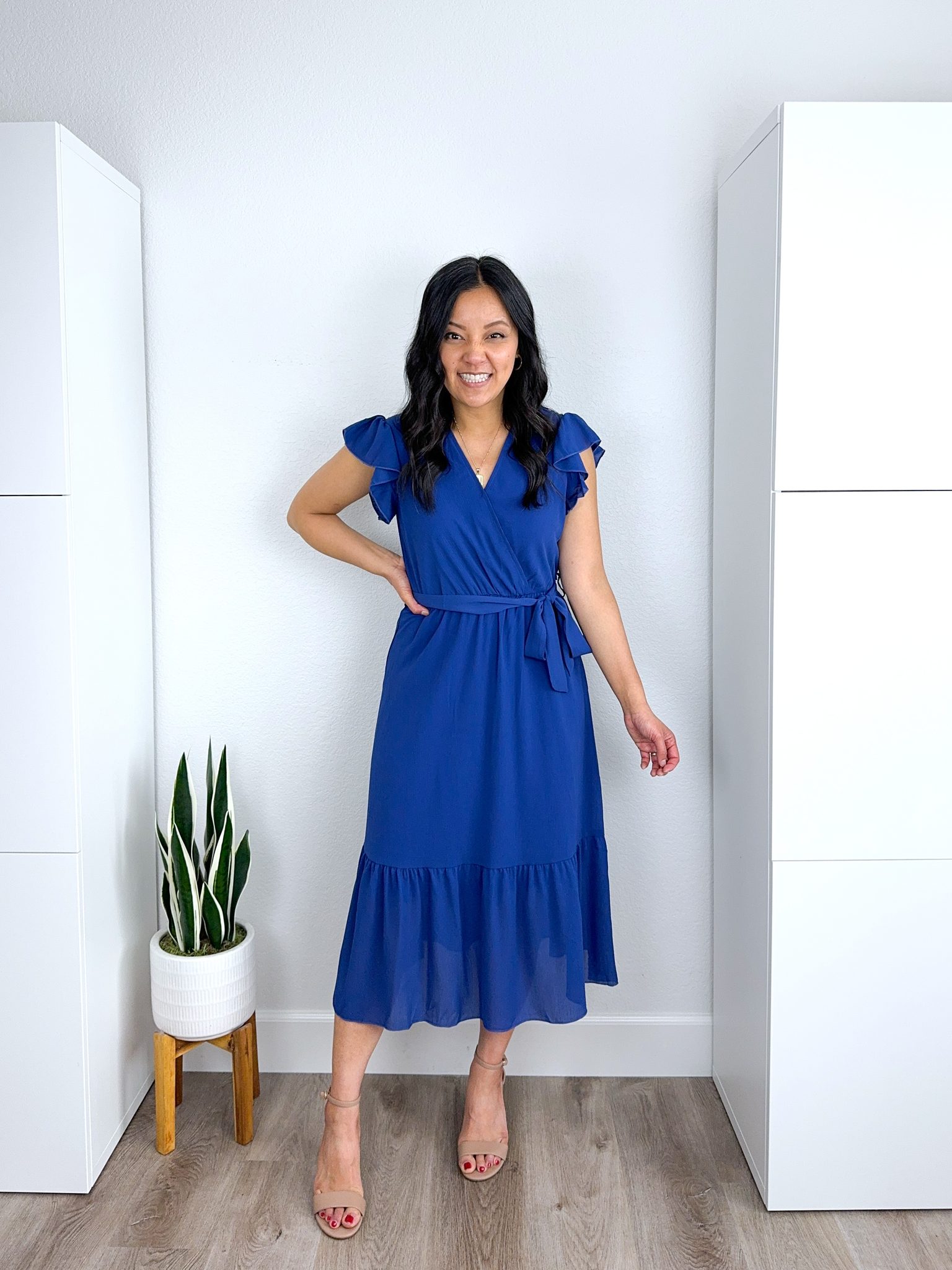 Family Photo Outfit Ideas for Moms + Family Photo Outfit Ideas for Moms: Easy Looks to Copy + putting me together + what to wear for family photo + easy to wear ruffled blue wrap dress + tan heels