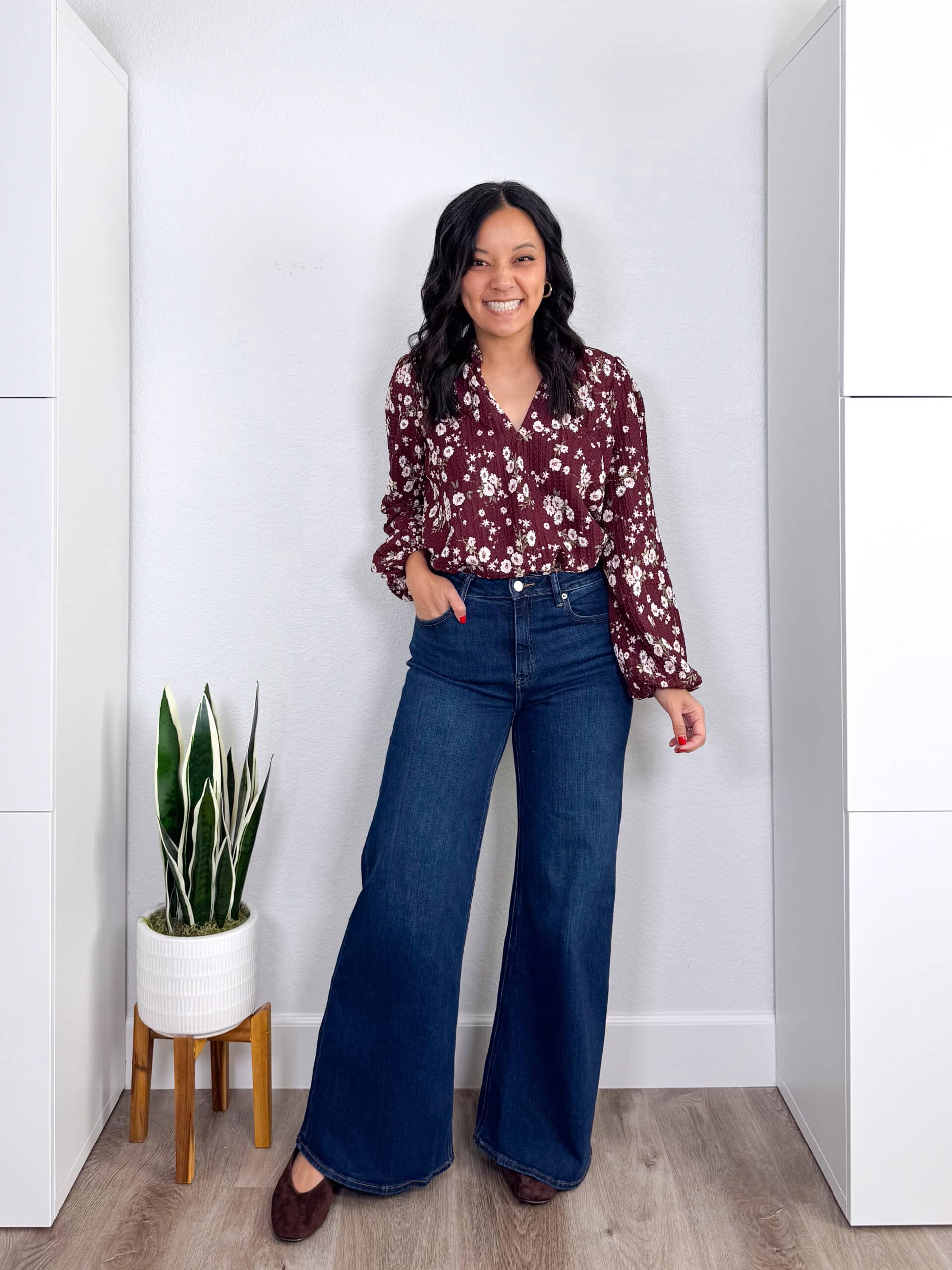 Family Photo Outfit Ideas for Moms + Family Photo Outfit Ideas for Moms: Easy Looks to Copy + putting me together + what to wear for family photos + burgundy floral blouse + dark wash wide leg jeans + chocolate brown suede flats