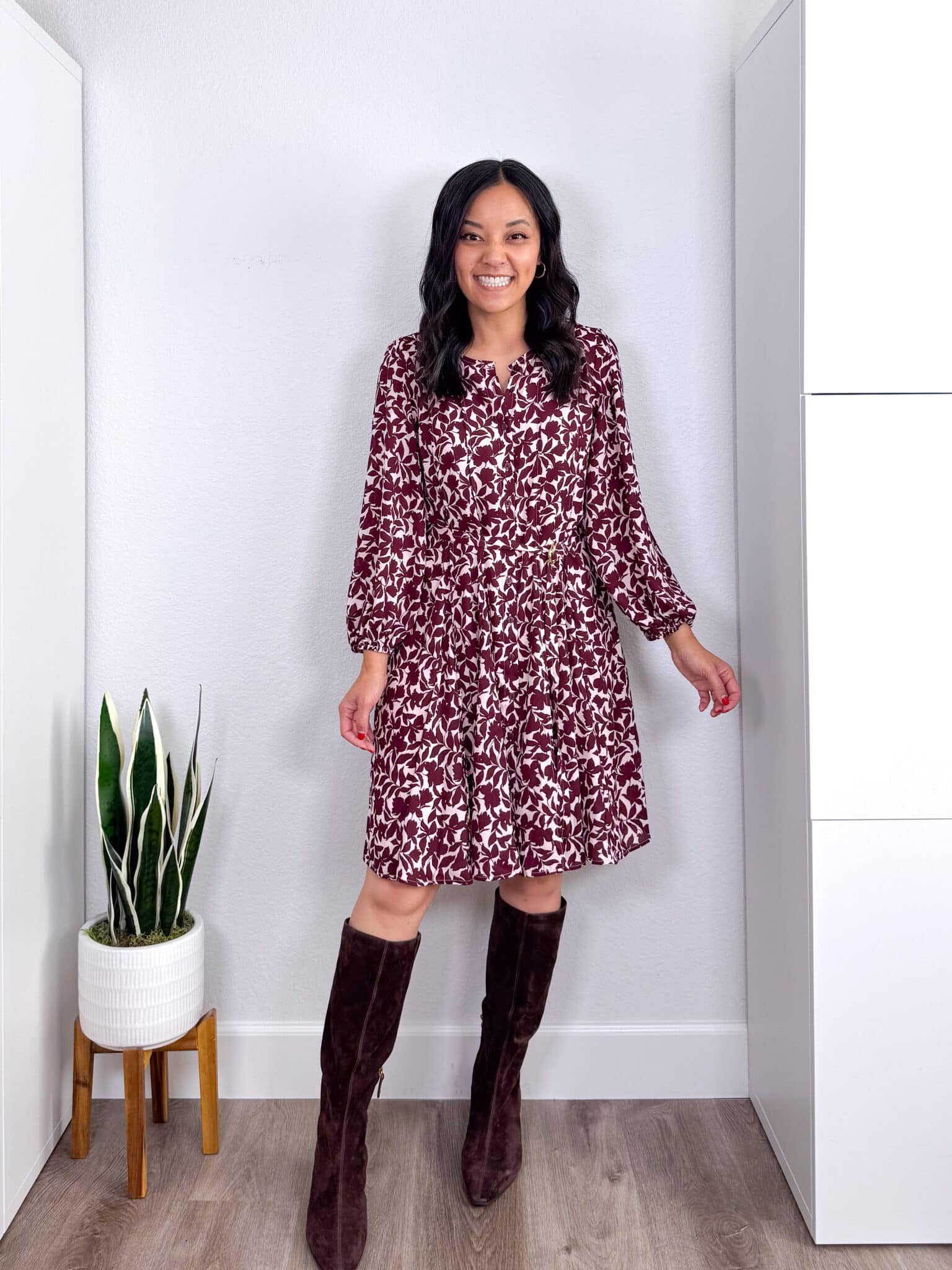 Family Photo Outfit Ideas for Moms + Family Photo Outfit Ideas for Moms: Easy Looks to Copy + putting me together + what to wear for family photos + burgundy and white print dress + tall brown suede boots + gold hoop earrings