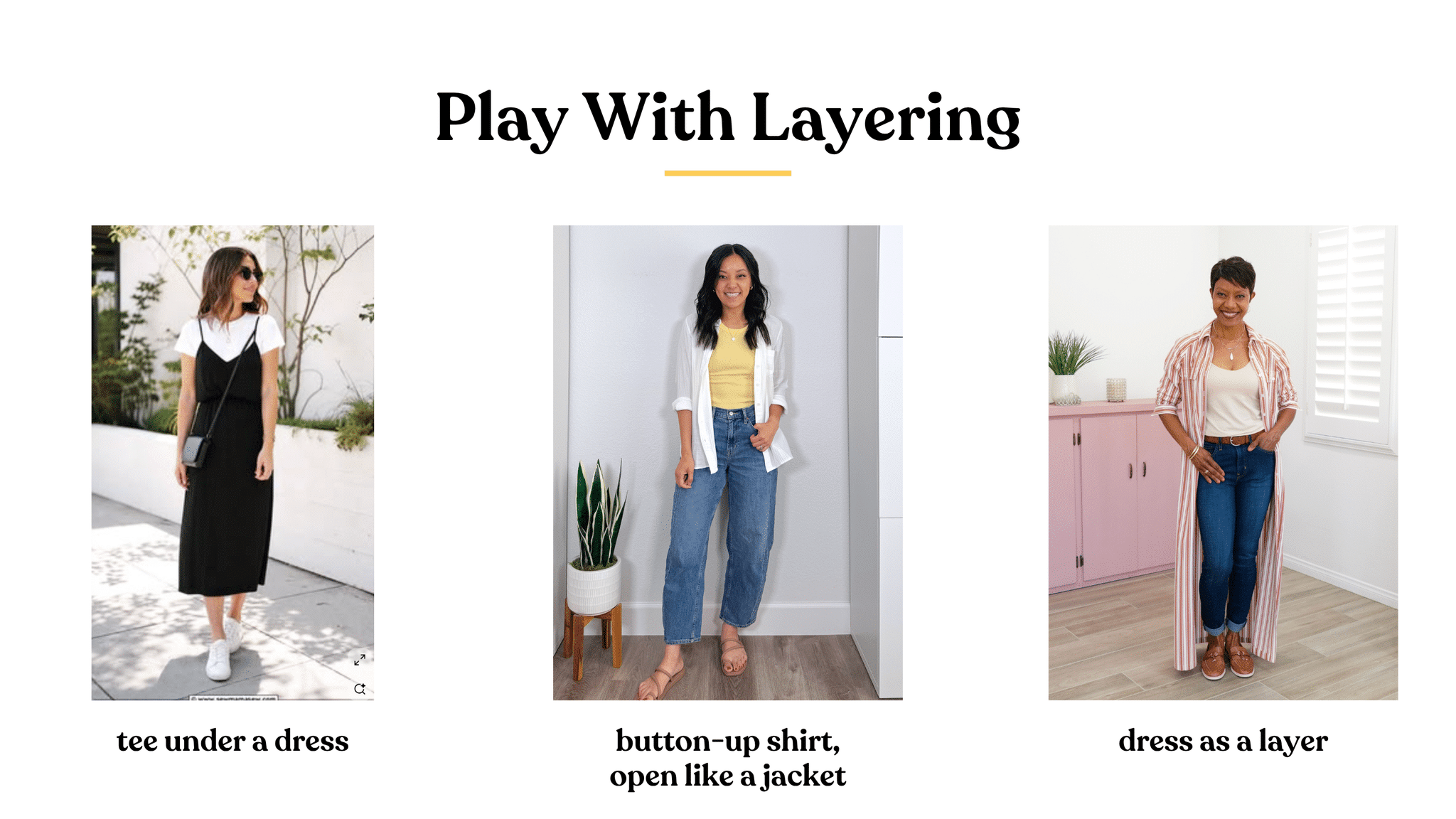6 Ways to Create New Outfits With What's In Your Closet: How to Remix What You Own + create new outfits with clothes you already own + putting me together + white tee under a black dress + yellow tank top + white gauze button up shirt + affordable barrel leg jeans + white and pink striped shirt dress + white tank top + dark wash cuffed straight leg jeans