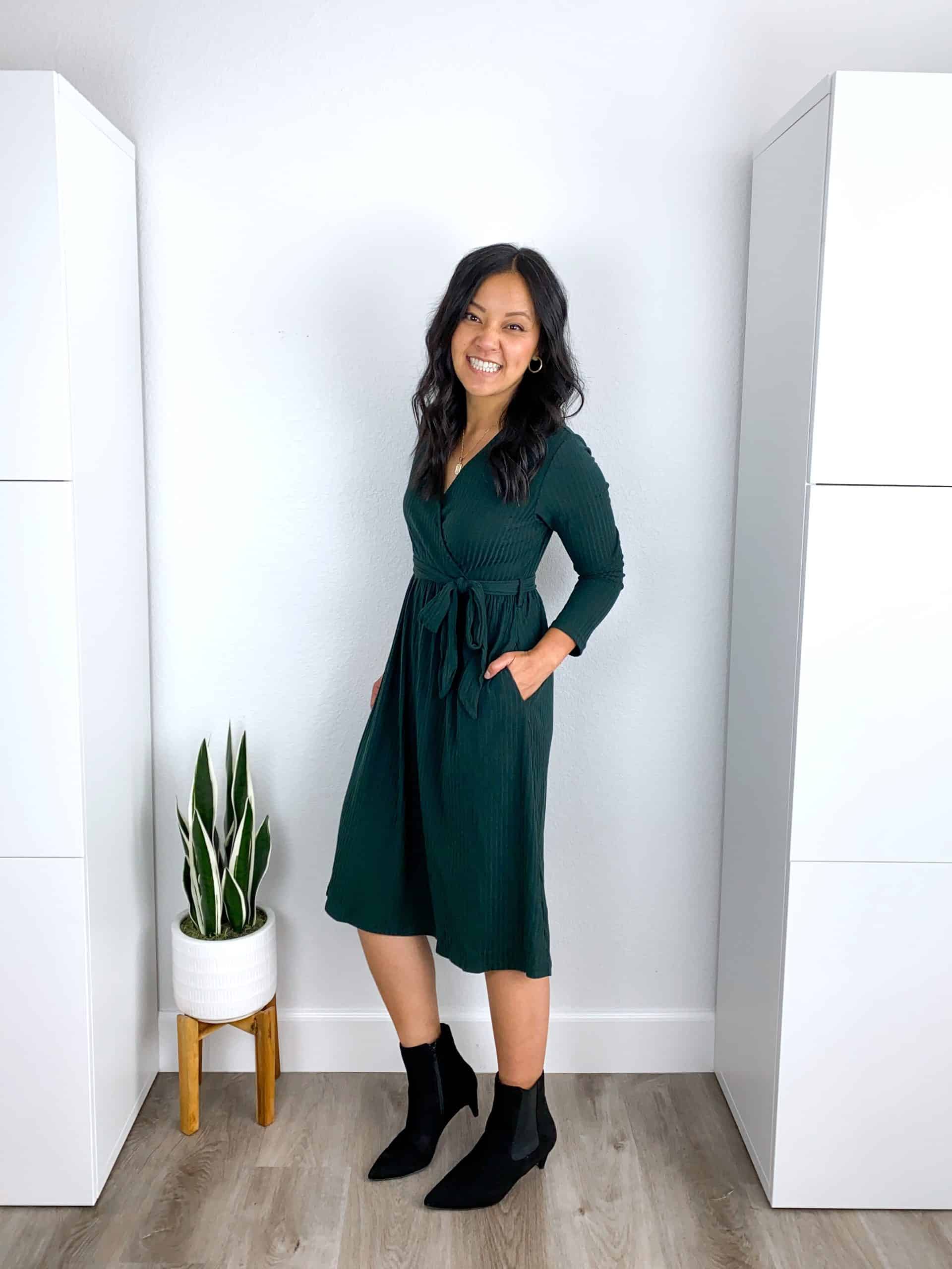 Family Photo Outfit Ideas for Moms + Family Photo Outfit Ideas for Moms: Easy Looks to Copy + putting me together + what to wear for family photos + dark green wrap dress + black suede kitten heel boots + gold necklace + gold earrings