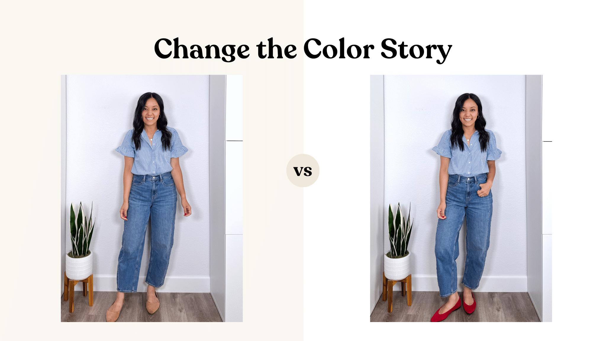 6 Ways to Create New Outfits With What's In Your Closet: How to Remix What You Own + create new outfits with clothes you already own + putting me together + white and blue striped ruffle blouse + affordable barrel leg jeans + tan flats + red flats + gold icon necklace