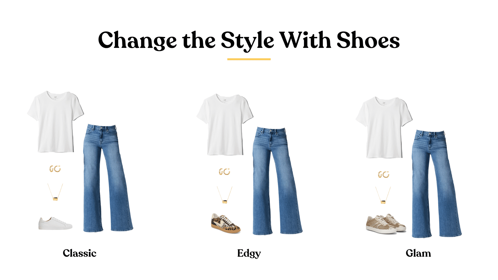 6 Ways to Create New Outfits With What's In Your Closet: How to Remix What You Own + create new outfits with clothes you already own + putting me together + versatile white tee + comfortable wide leg jeans + white sneakers + leopard print sneakers + gold metallic sneakers + everyday gold bean necklace